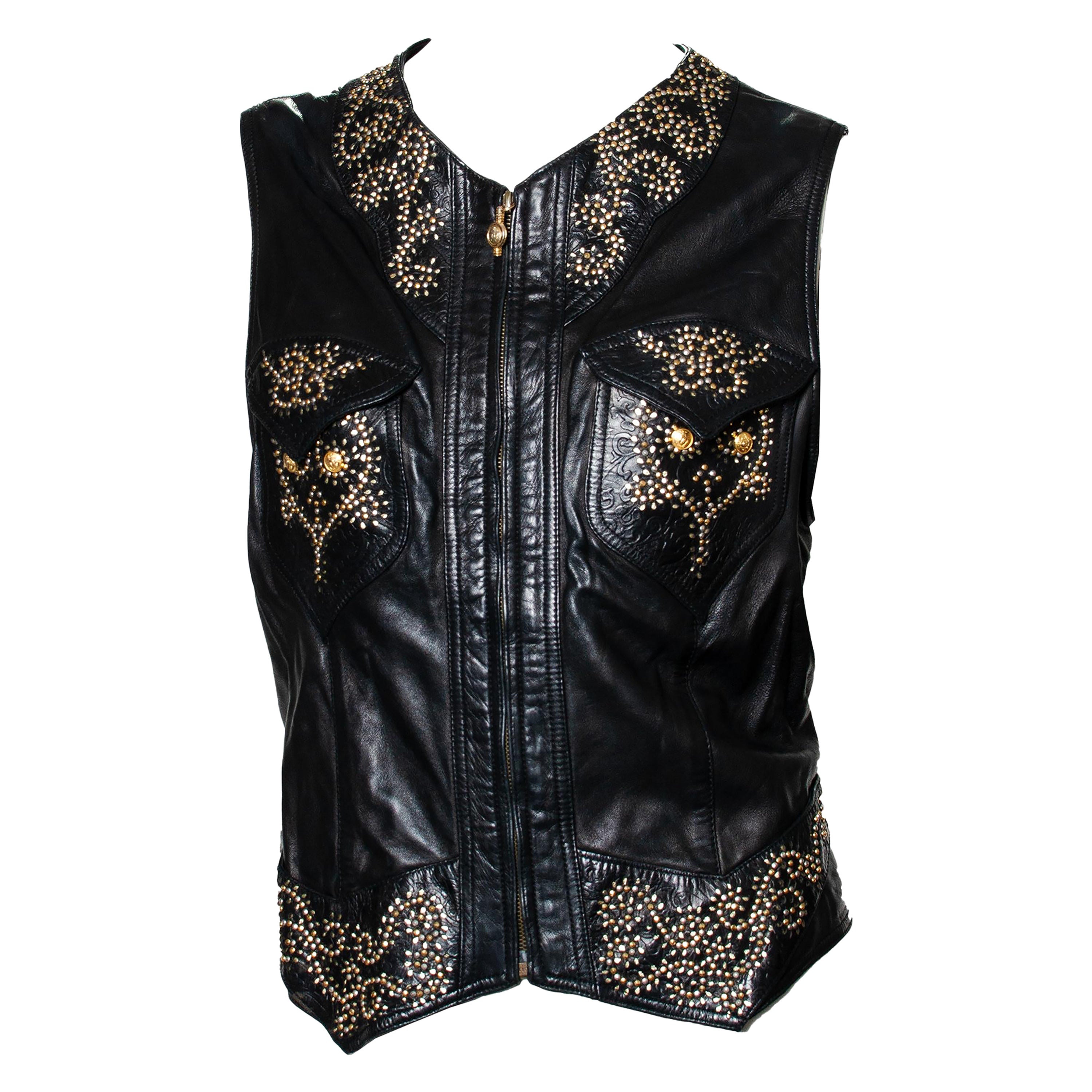 GIANNI VERSACE c.1990s Black Gold Suede Medusa Meandros Backless Vest