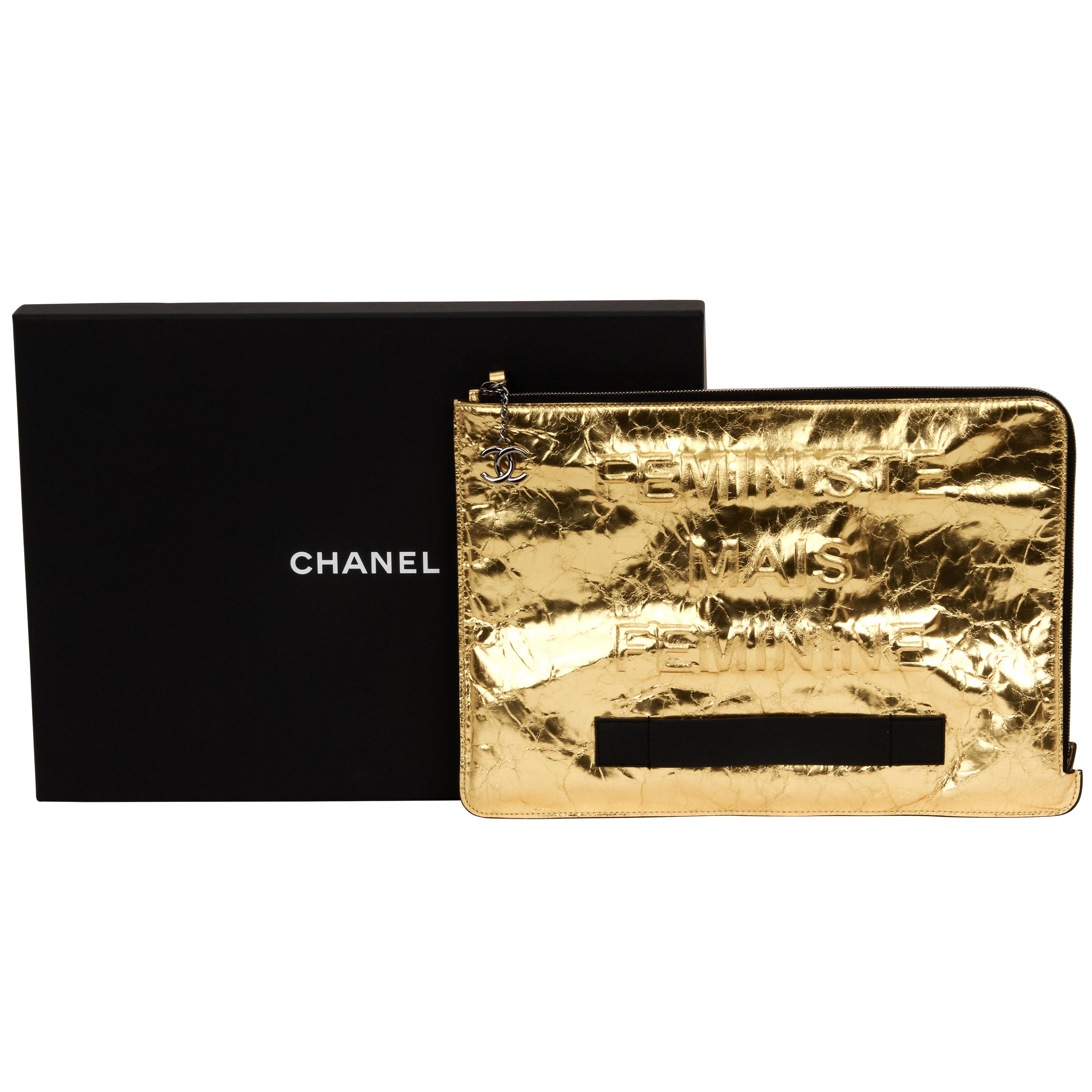 Chanel BNIB Black & Gold Croc Clutch - Vintage Lux