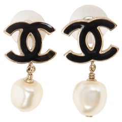 Chanel Black Enamel and Faux Pearl CC Drop Earrings at 1stDibs