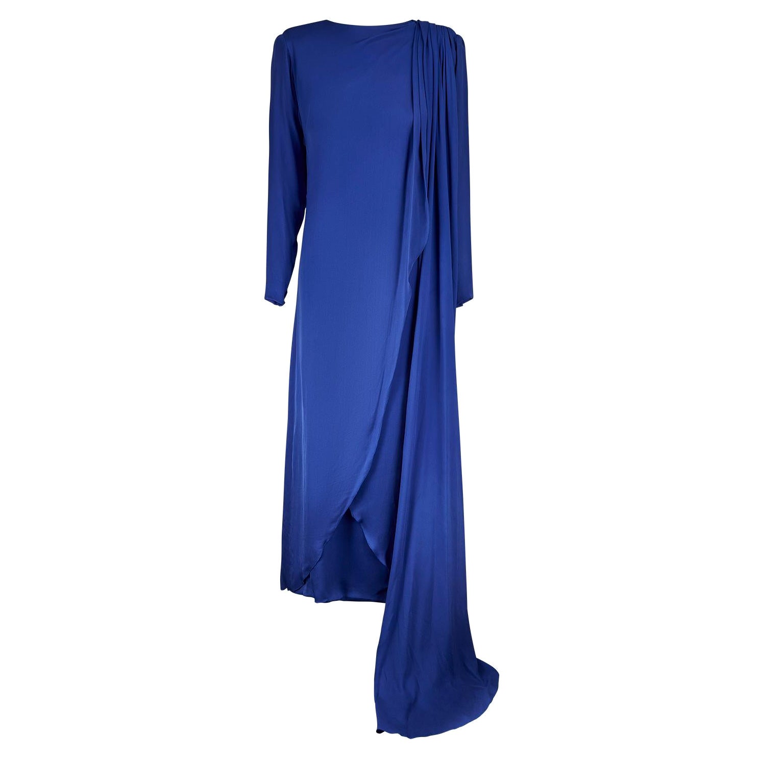 1980er Christian Dior Couture Blaues Seidenkleid