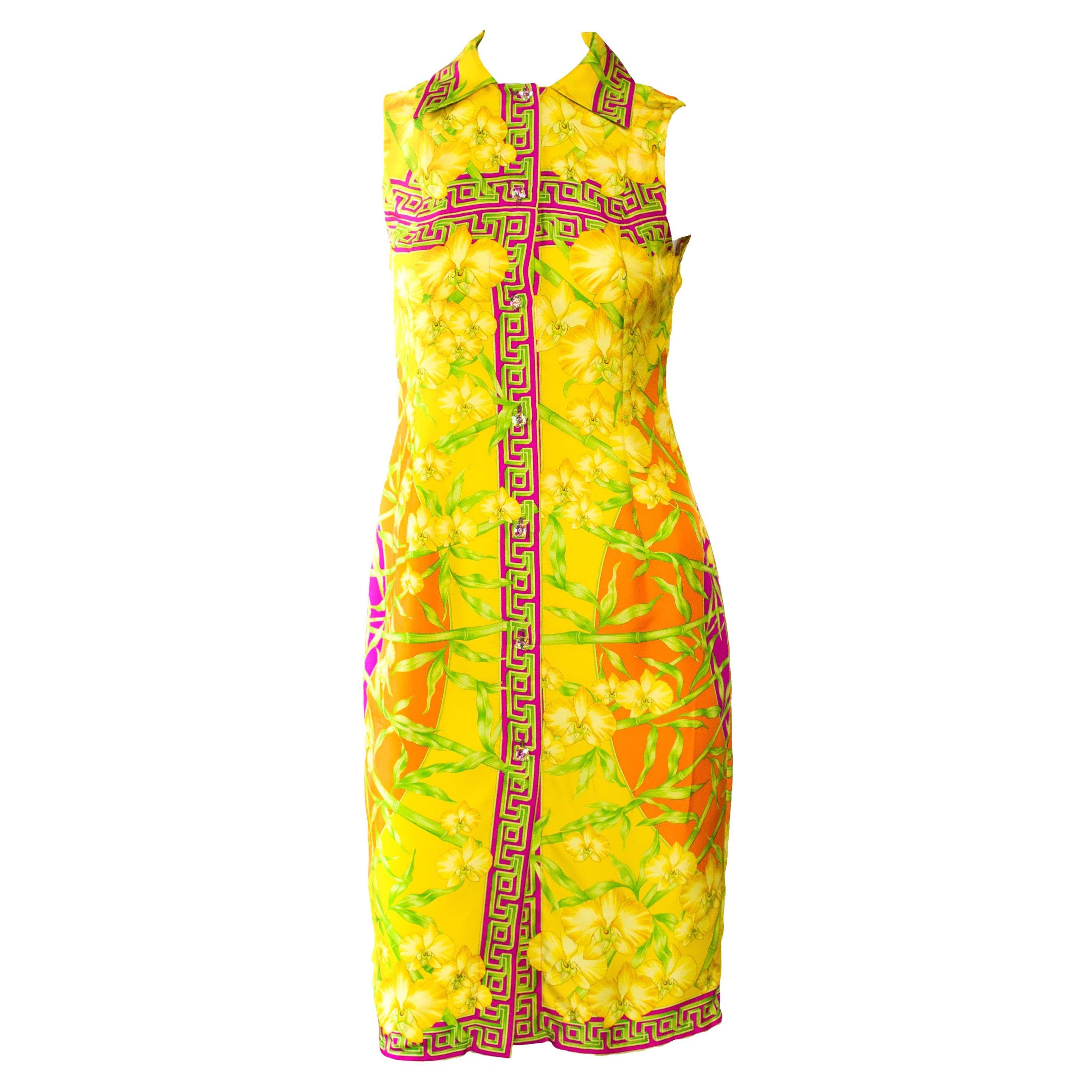 S/S 2000 Gianni Versace Silk Bamboo and Orchid Jungle Sleeveless Dress  Donatella For Sale at 1stDibs