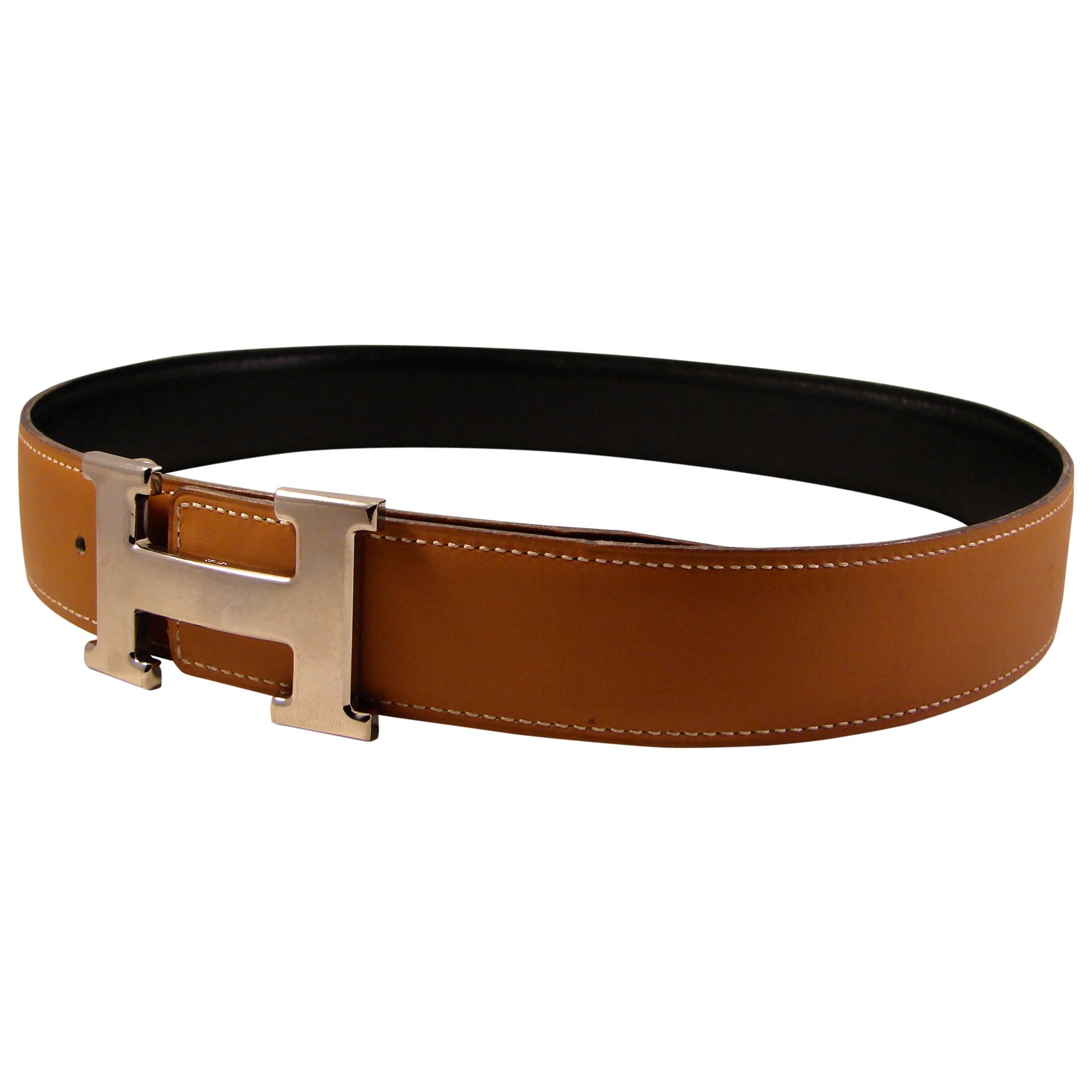 Hermes Constance Silver H Belt Buckle with Reversible Strap in Noir + Natural