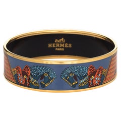 Hermes Enamel Bracelet Wide 65 PM Equestrian Horse Pattern Blue Orange Bangle