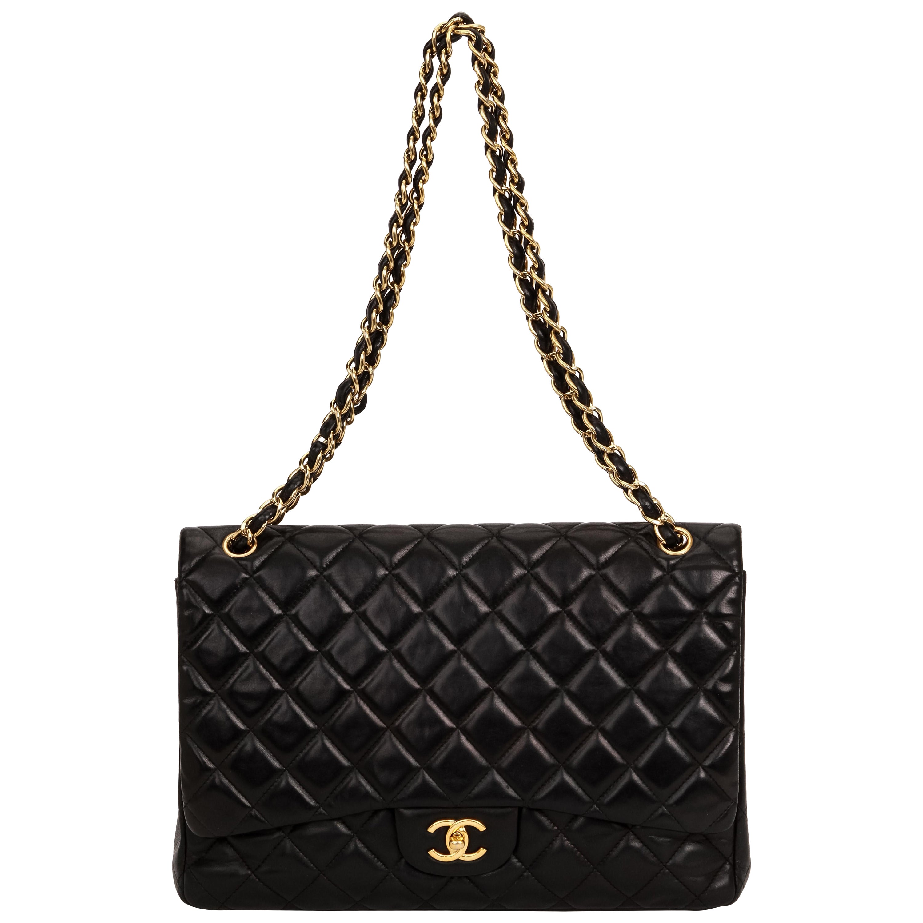 Chanel Black Lambskin Maxi Single Flap Bag For Sale