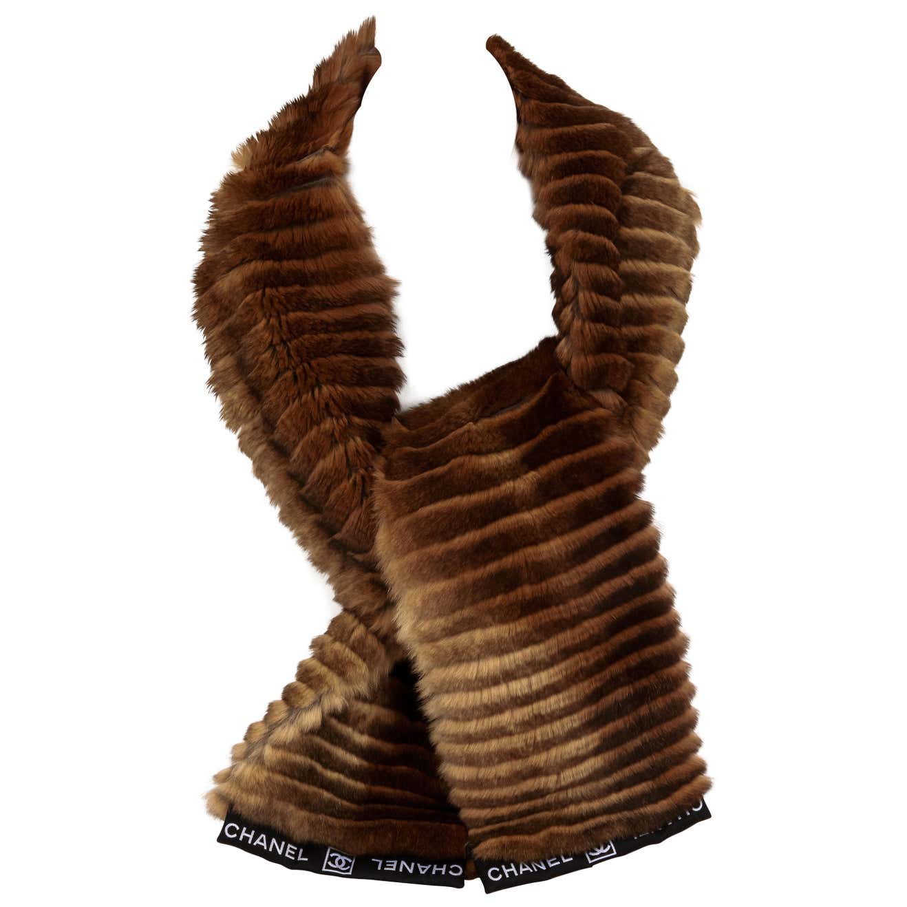 Chanel Brown Orylag Striped Rabbit Fur Scarf For Sale at 1stDibs