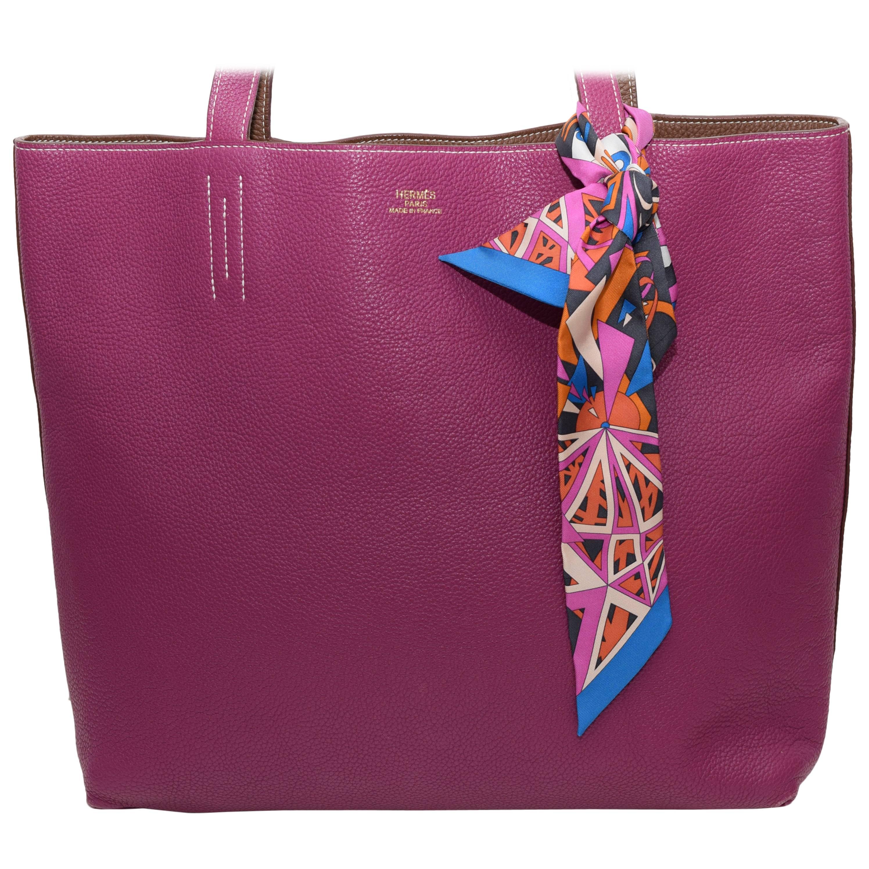 HERMÈS Double Sens Reversible Pink / Brown Tote Bag & Scarf