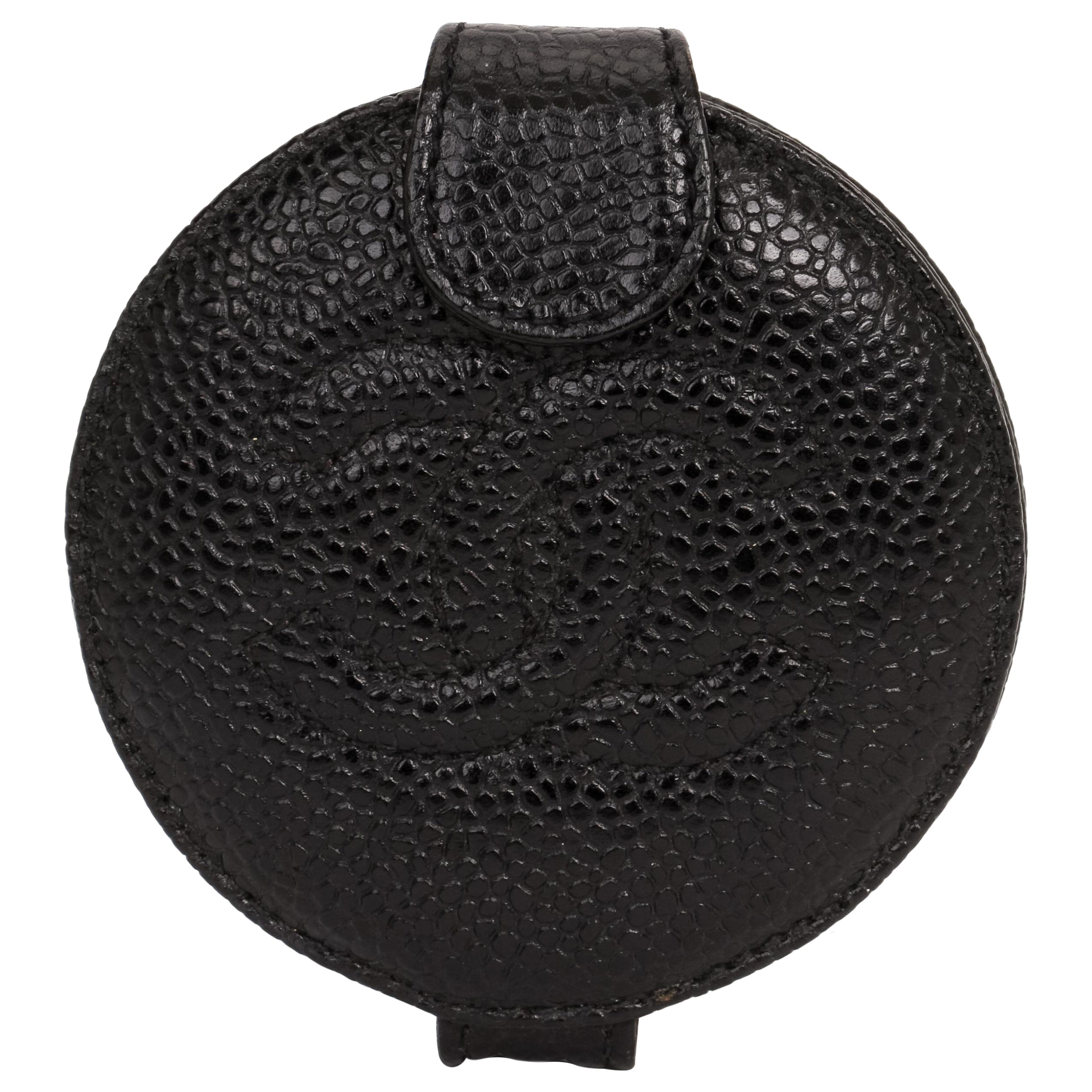 1990's Vintage Chanel Black Caviar Leather Compact Mirror