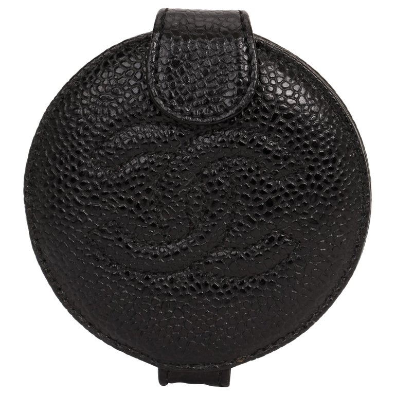 1990's Vintage Chanel Black Caviar Leather Compact Mirror at 1stDibs