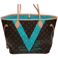 LOUIS VUITTON Limited Edition Monogram V Neverfull Mm Turquoise Tote Bag