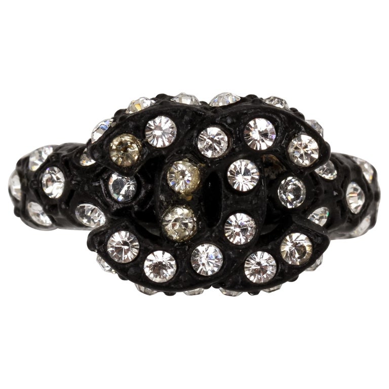Chanel Black CC Logo Rhinestone Ring Size 6 For Sale at 1stDibs