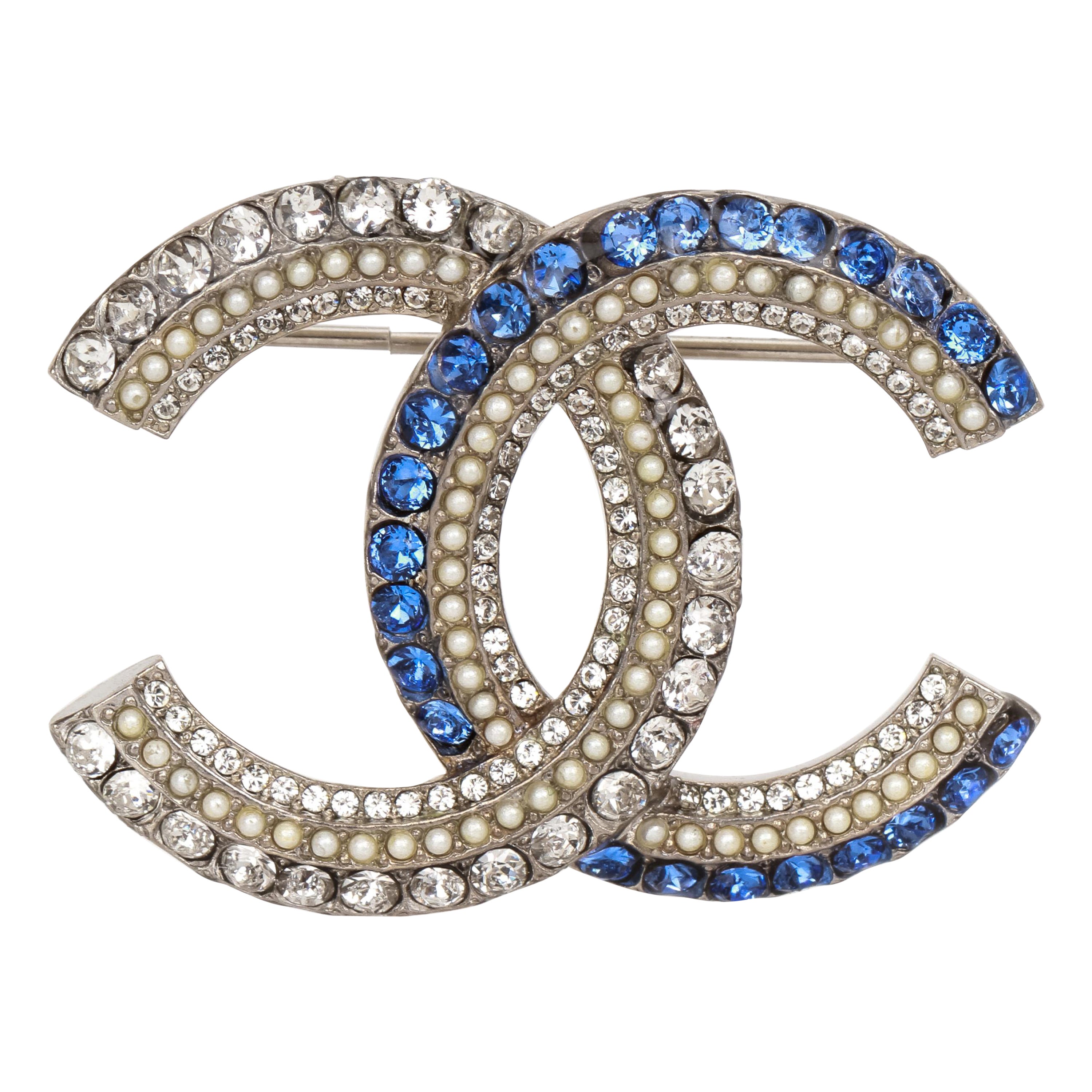 Chanel Rhinestone Micro Pearl Blue CC Logo Brooch Pin