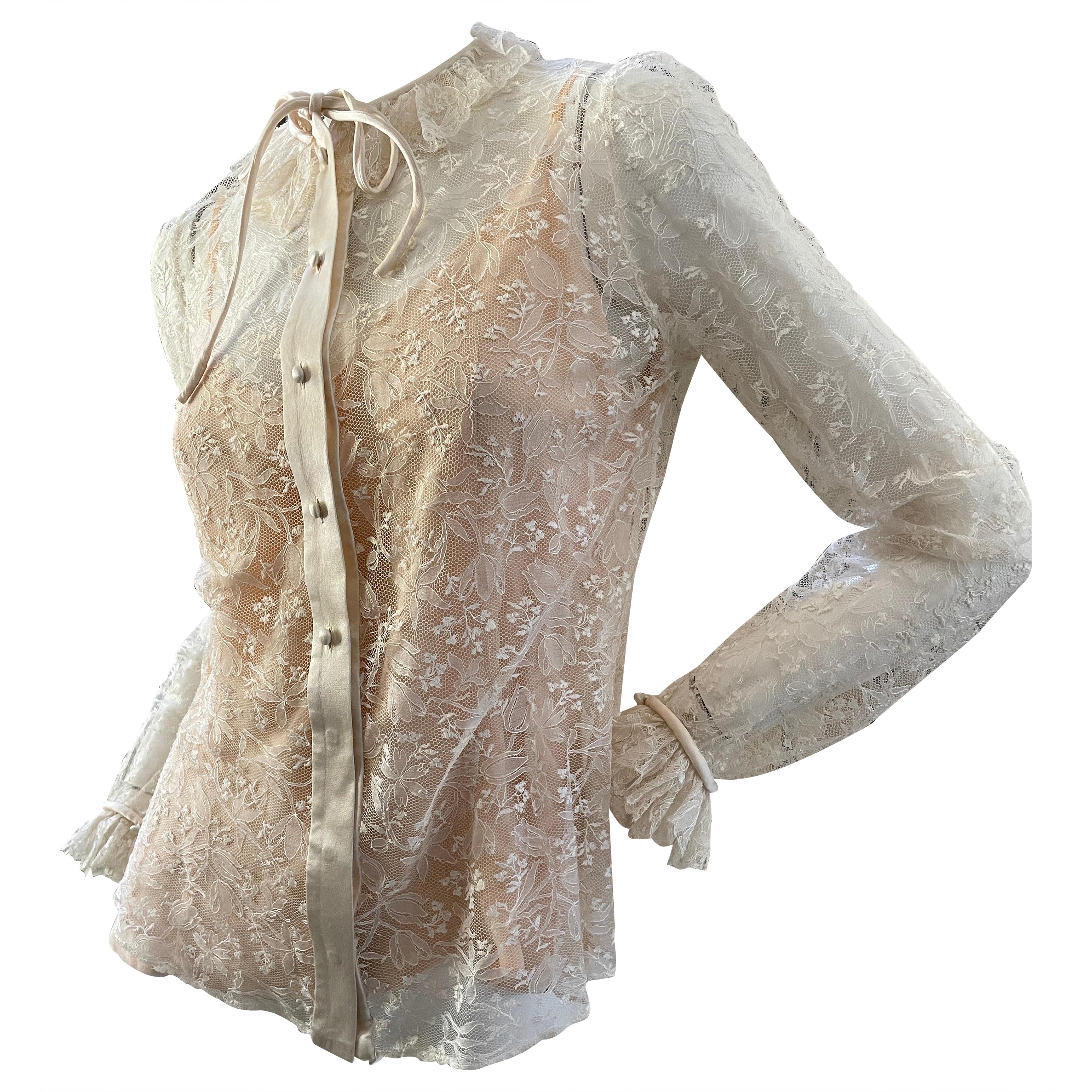 Jean-Louis Couture 1960's Sheer Lace Blouse with Ruffle Collar and Cuffs For Sale