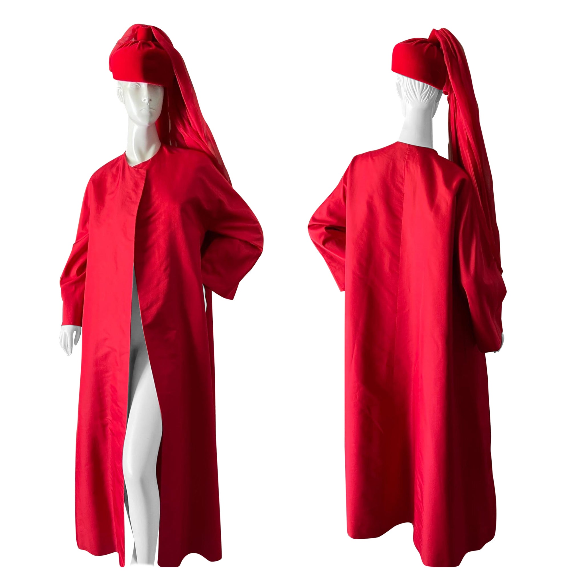 Jean-Louis Couture 1960's Red Silk Opera Coat with Matching Hat For Sale