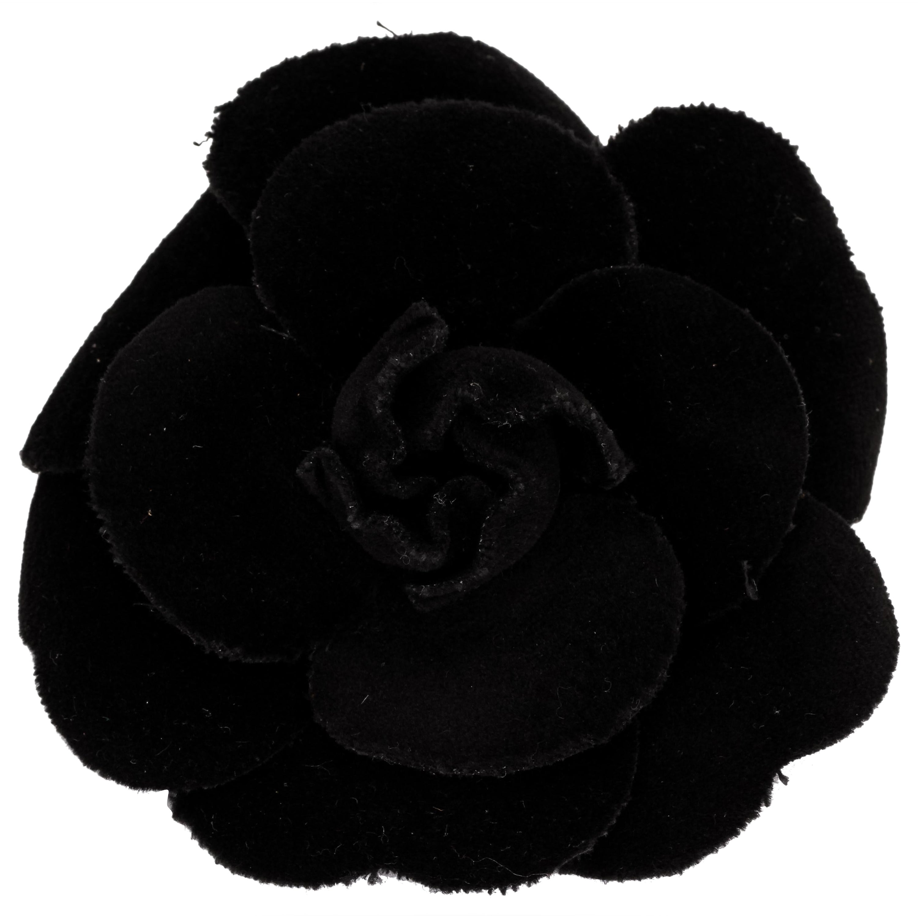 Chanel large black velvet camelia brooch For Sale