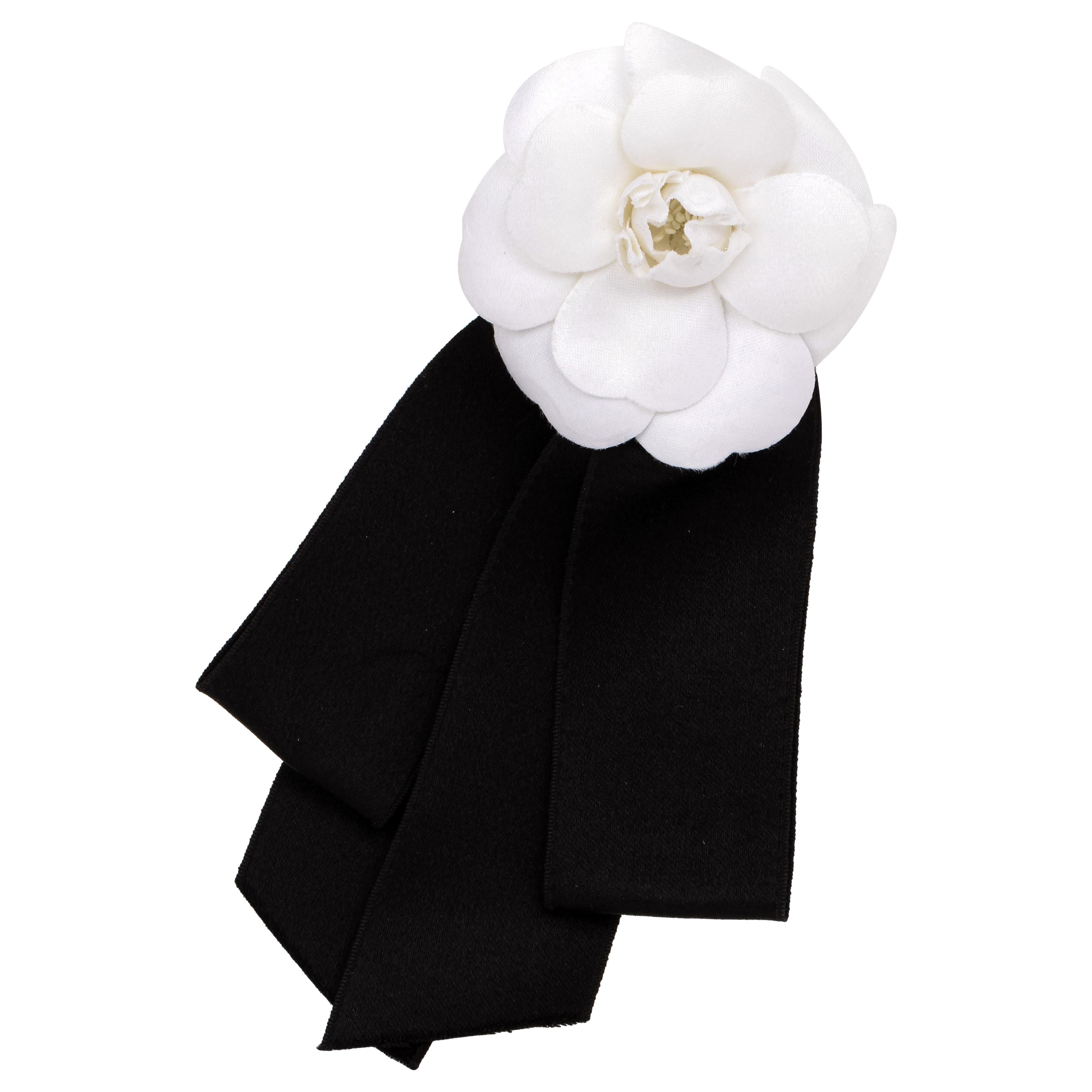 Chanel White Camelia Brooch with Bow
