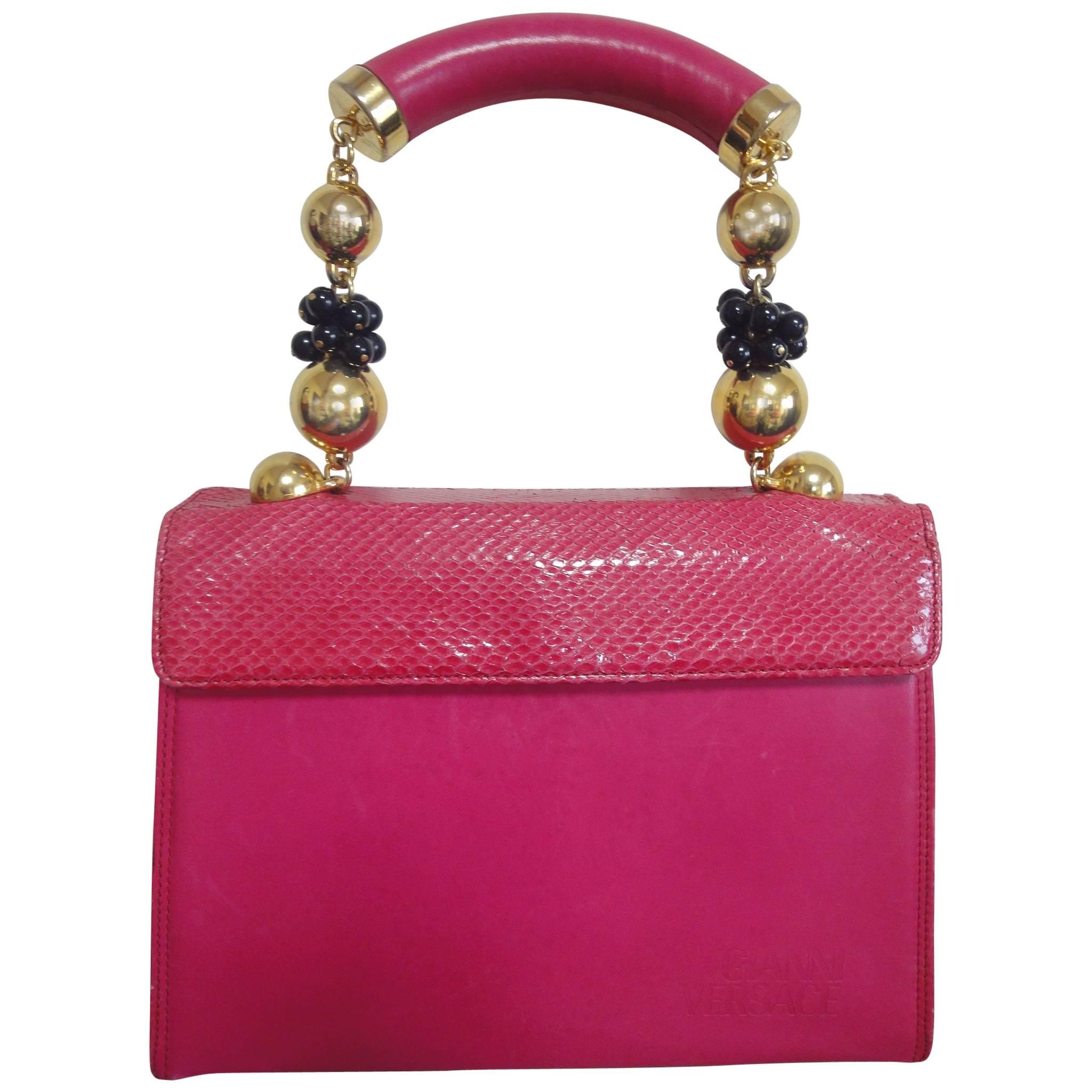 Vintage Gianni Versace pink calf leather and genuine snakeskin handbag For Sale
