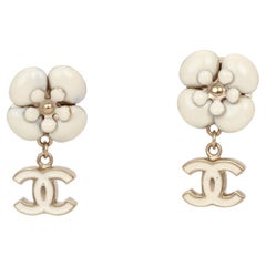 Chanel Cream Enamel Camellia Earrings