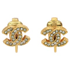 1970'S Vintage Chanel Rhinestone CC Logo Clip Earrings