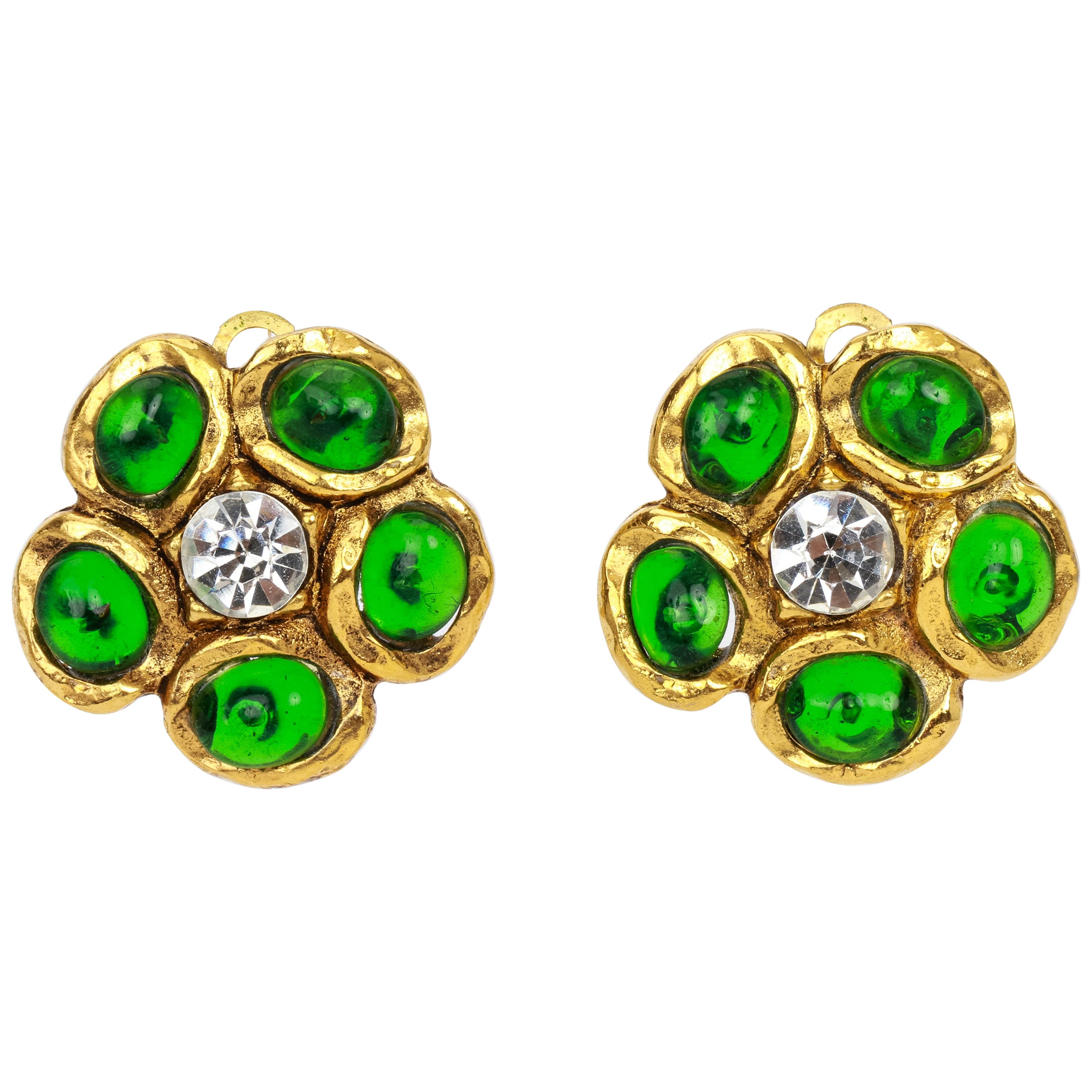 Chanel 70s Vintage Flower Gold Gripoix Clip Earrings  For Sale