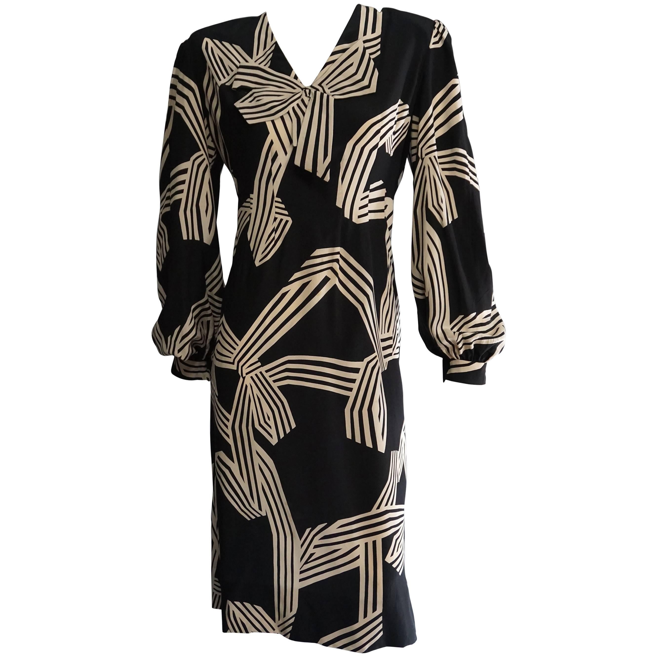 PAULINE TRIGERE Creme & Black Print Cocktail Dress with Bow Detail For Sale