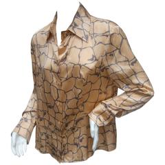 Valentino Italy Silk Charmeuse Peach and Gray Print Blouse US Size 12 6