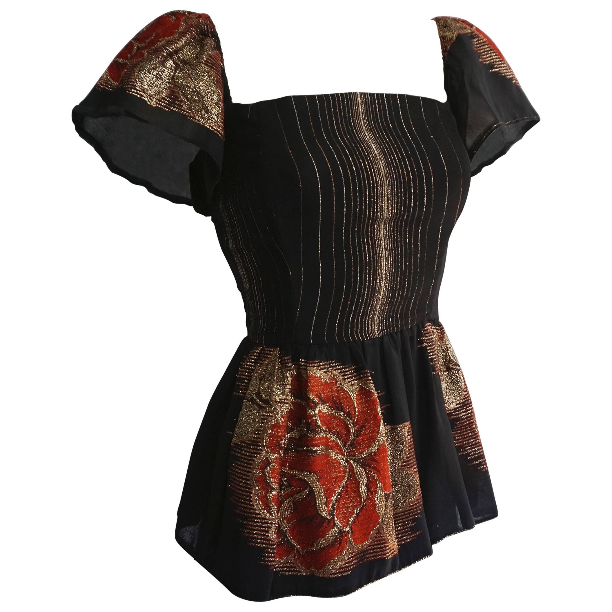 VICTOR COSTA Rose Print Lame Corset Top with Peplum & Sleeve Detail For Sale
