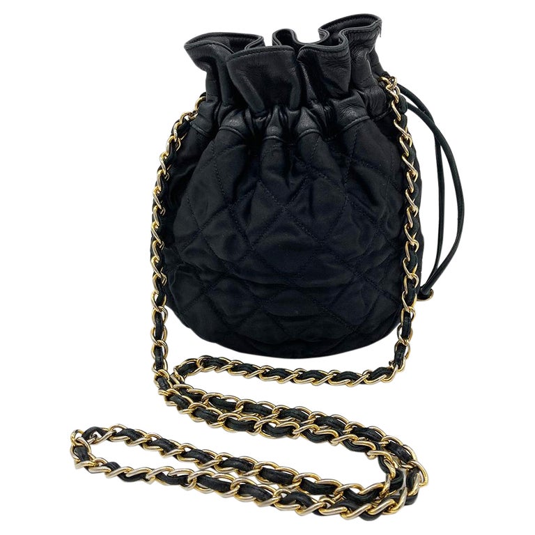 Vintage Chanel Black Satin and Leather Drawstring Bucket Bag For