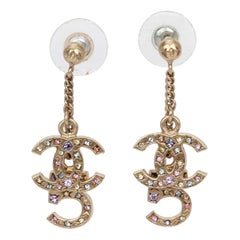 Chanel Double Charm Rhinestone CC Logo Drop Pierced Earrings