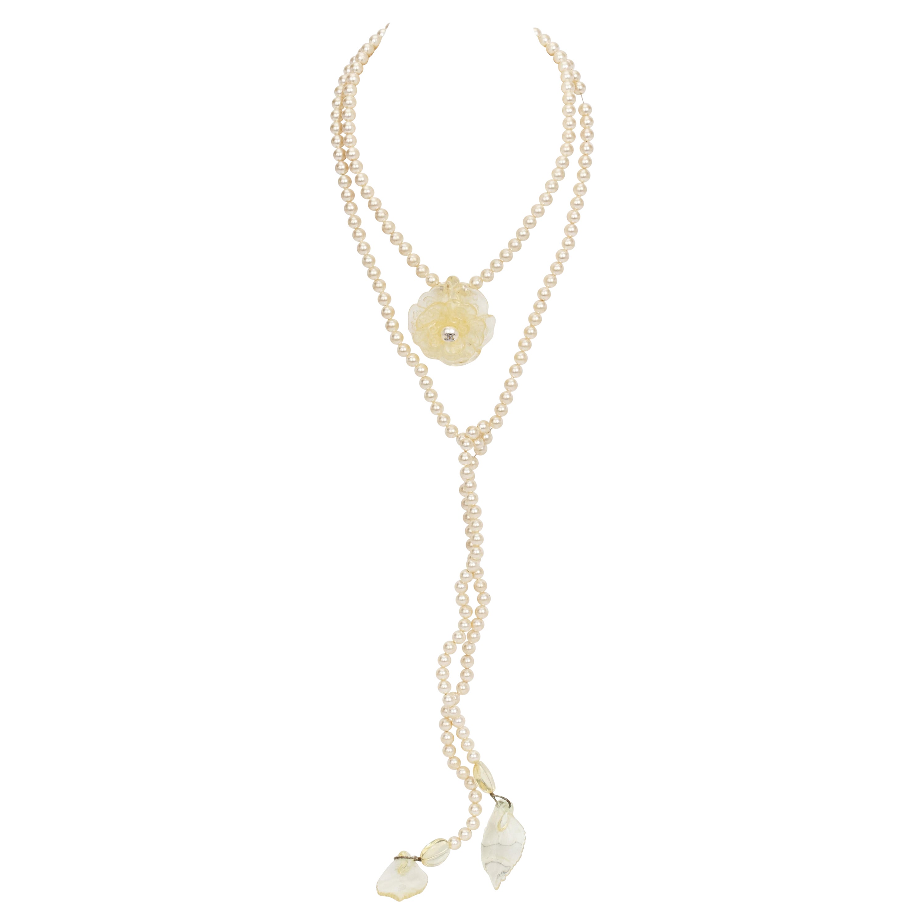 1990's Chanel Long Pearl Necklace with Camellia For Sale