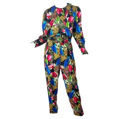 1980s Diane Freis Silk Jewel Floral Print Bright Color Vintage 80s Jumpsuit