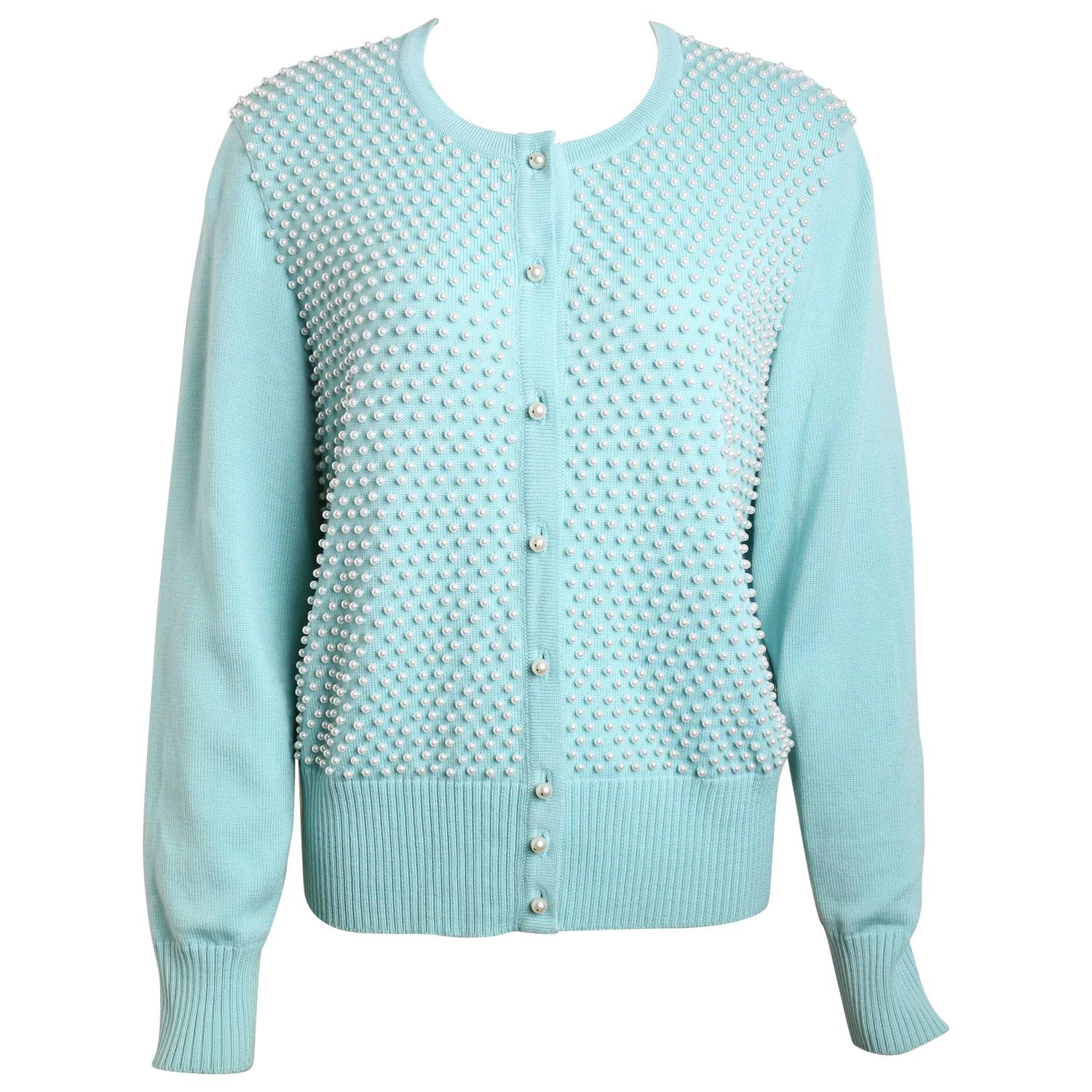 Escada Mint Green Pearl Cardigan Sweater For Sale at 1stdibs