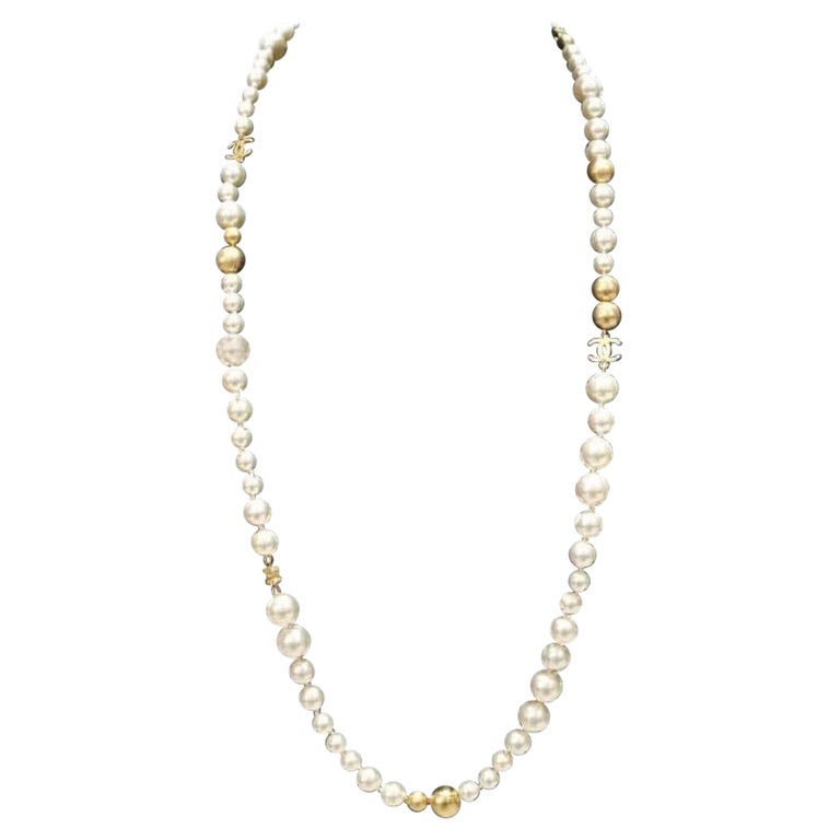 Chanel 2007 Ivory/Gold Faux Pearl and Gold Bead CC Necklace