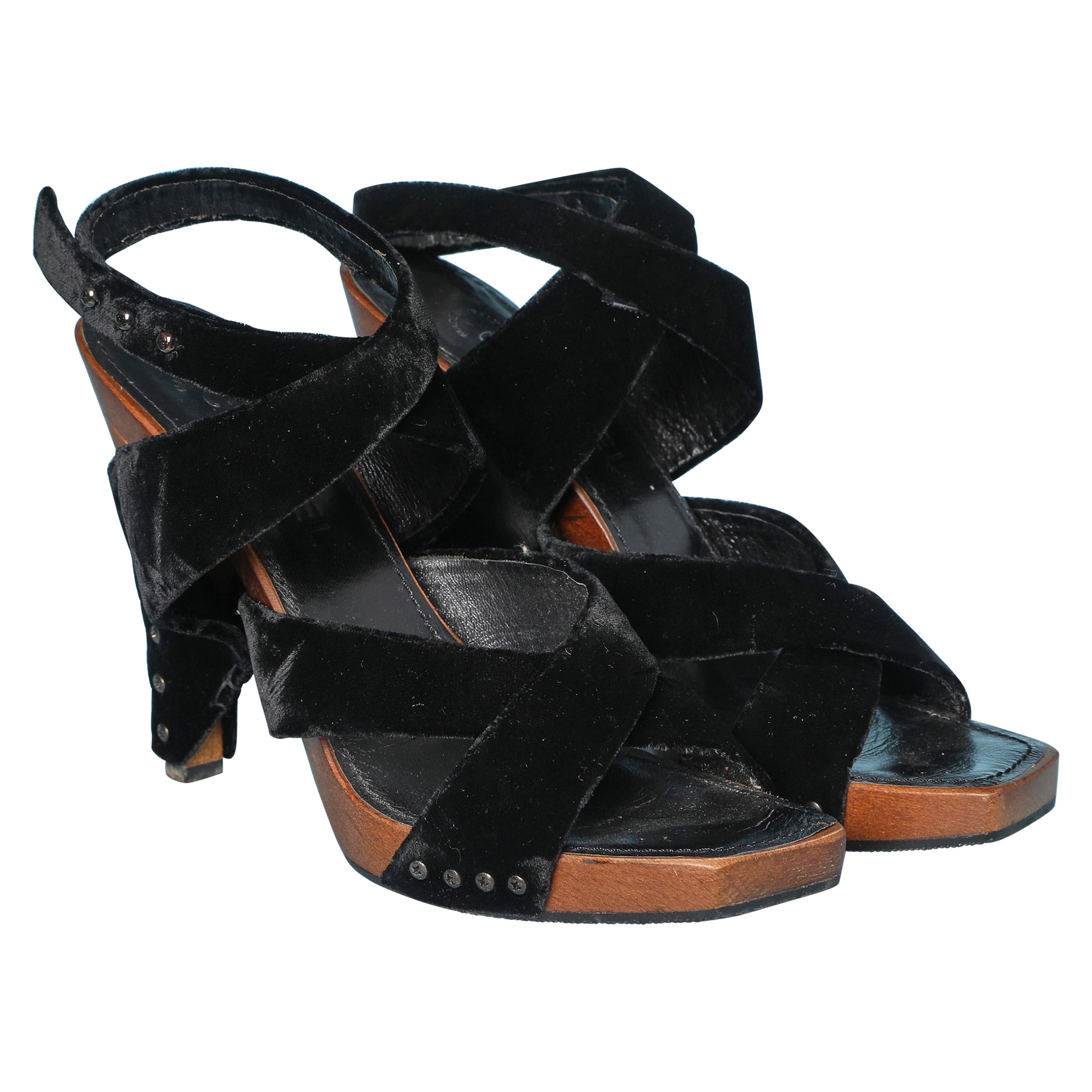 Black velvet sandal and wood heels Chanel  For Sale