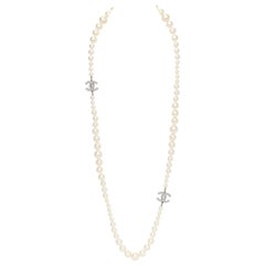 New Chanel Spring 2012 Long Pearl Strand Necklace with CC Rhinestone 