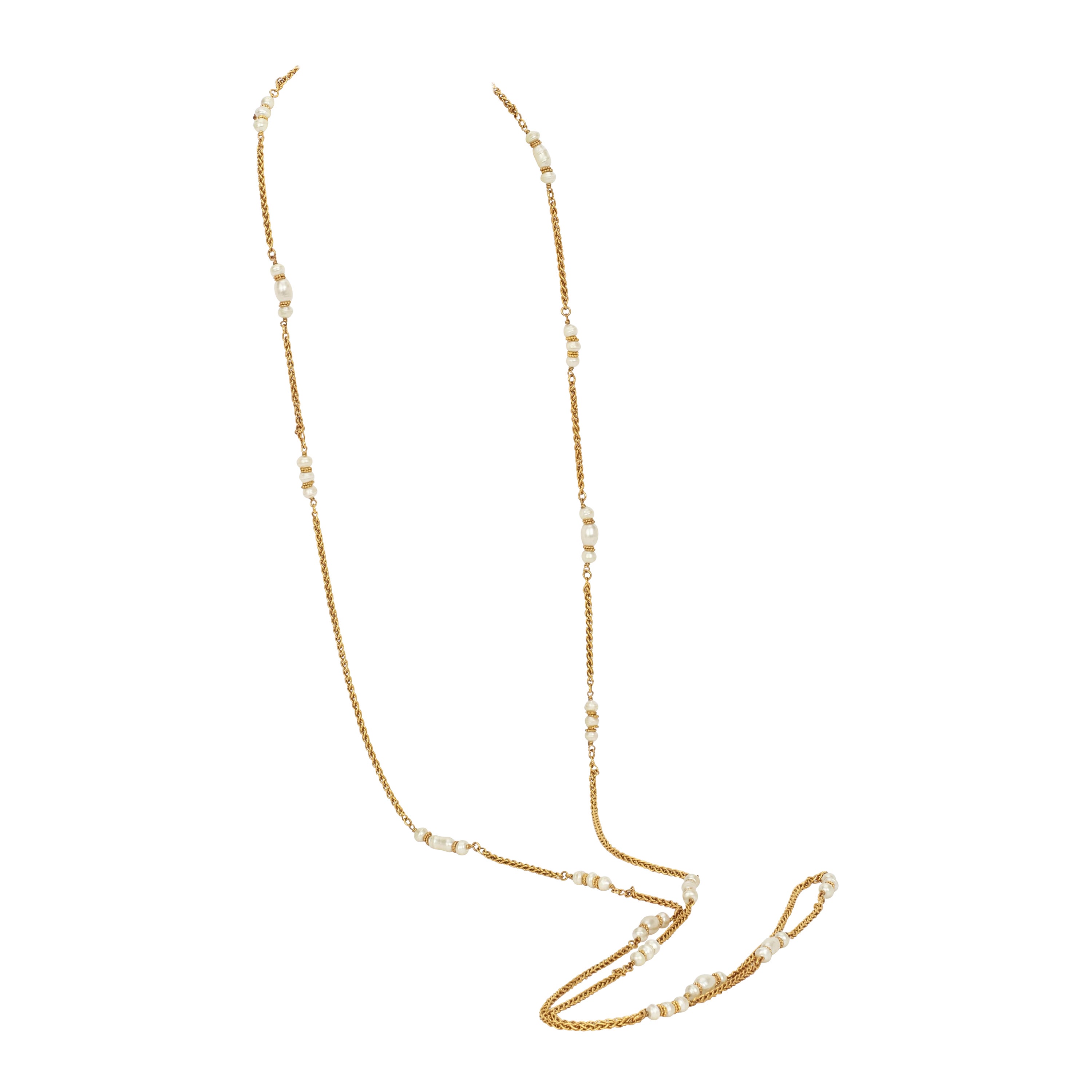 1990's Vintage Chanel Long Sautoir Gold Pearl Chain Necklace