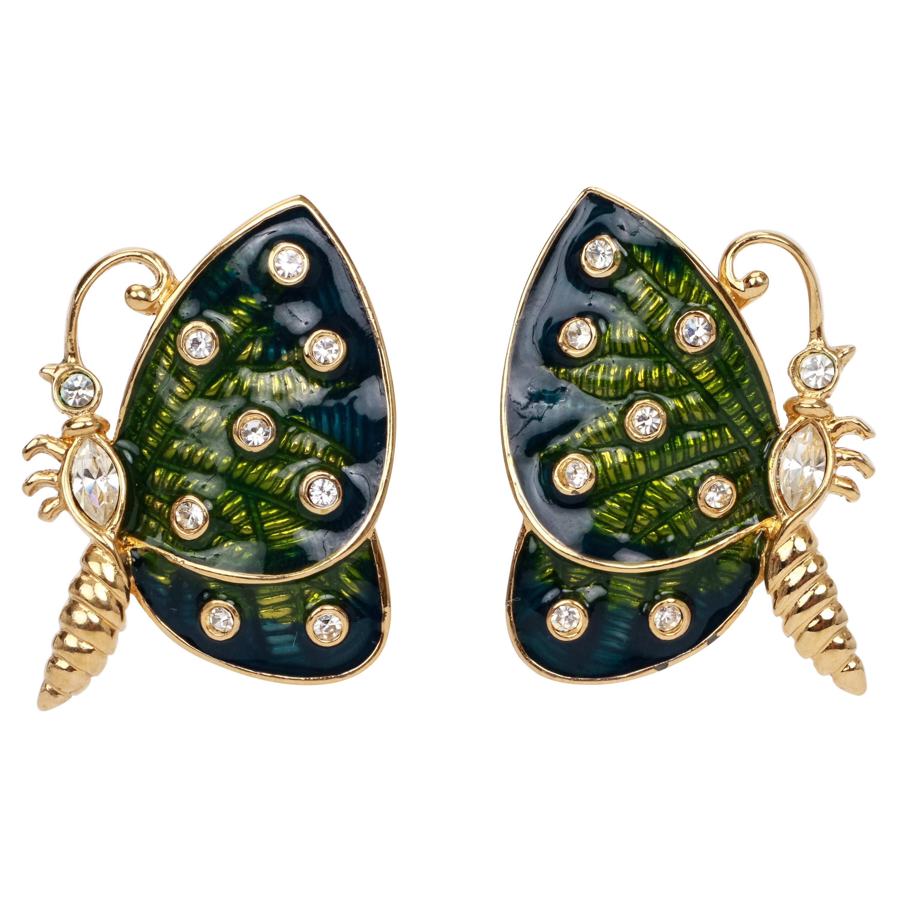 1990's Vintage Judith Leiber Enamel Butterfly Clip Earrings