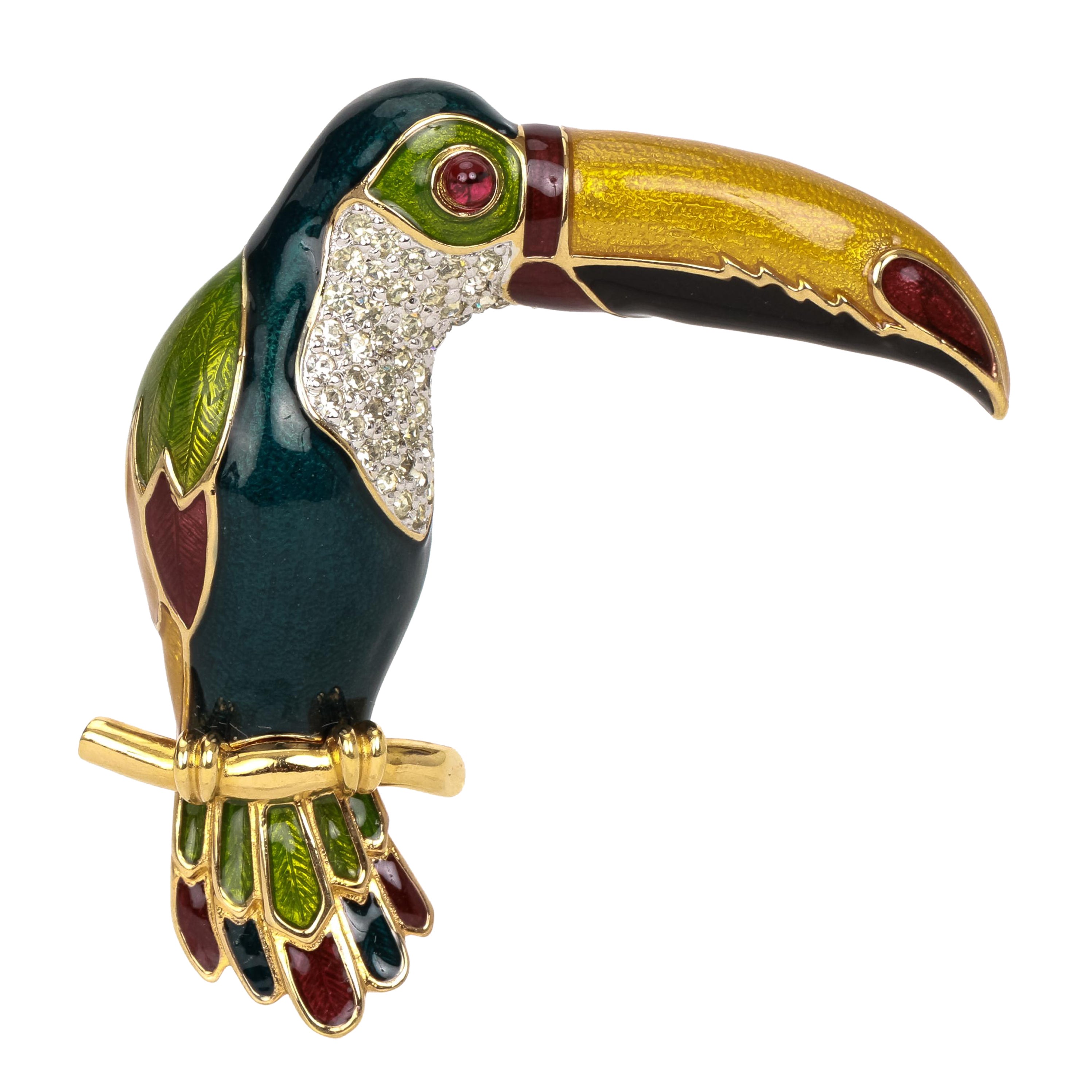 Judith Leiber Enamel Gold Toucan Brooch in Box