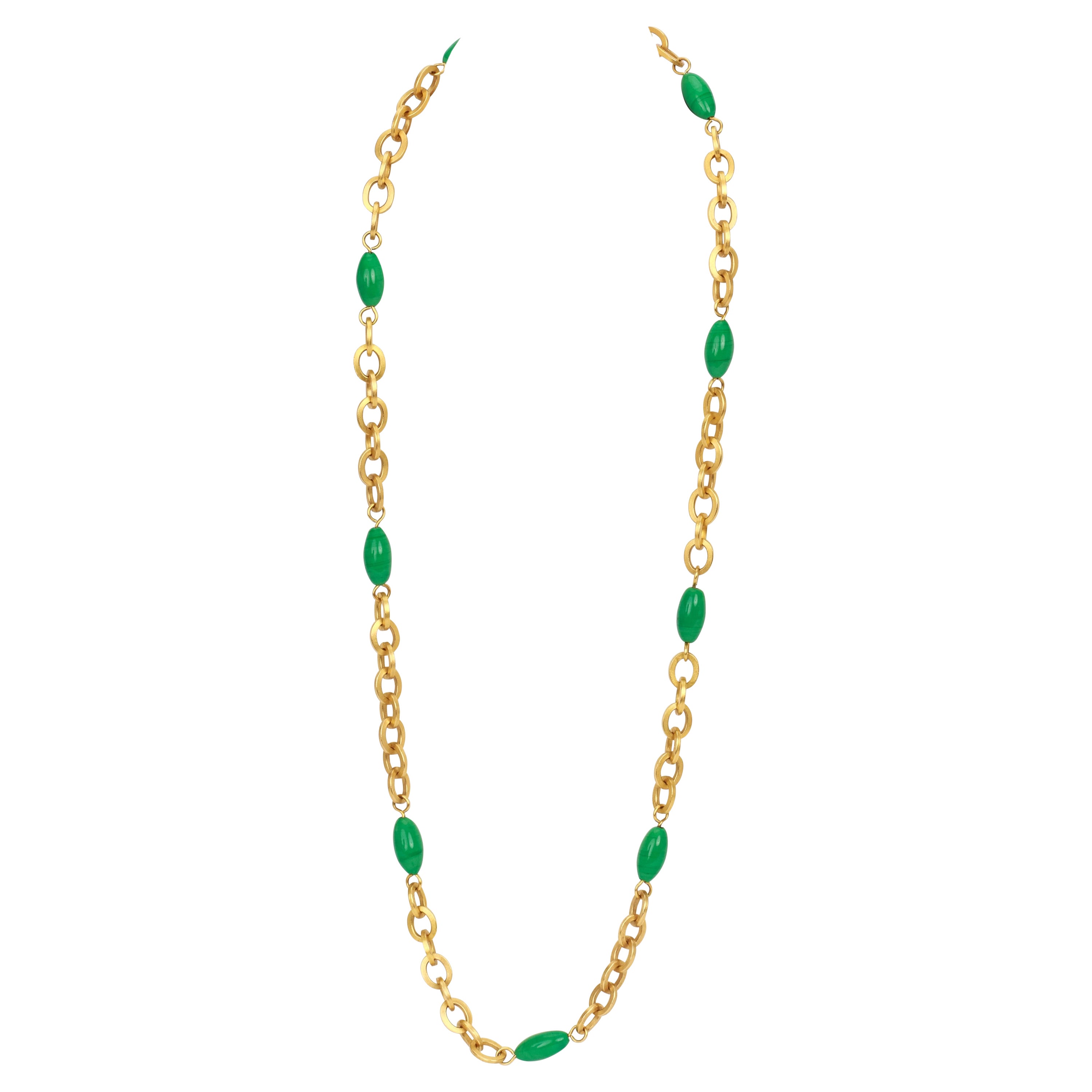 1990's Vintage Chanel Gold Sautoir Green Gripoix Necklace For Sale