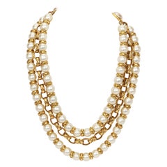 1980's Vintage Chanel Two Strand Chain Pearl Necklace with Box