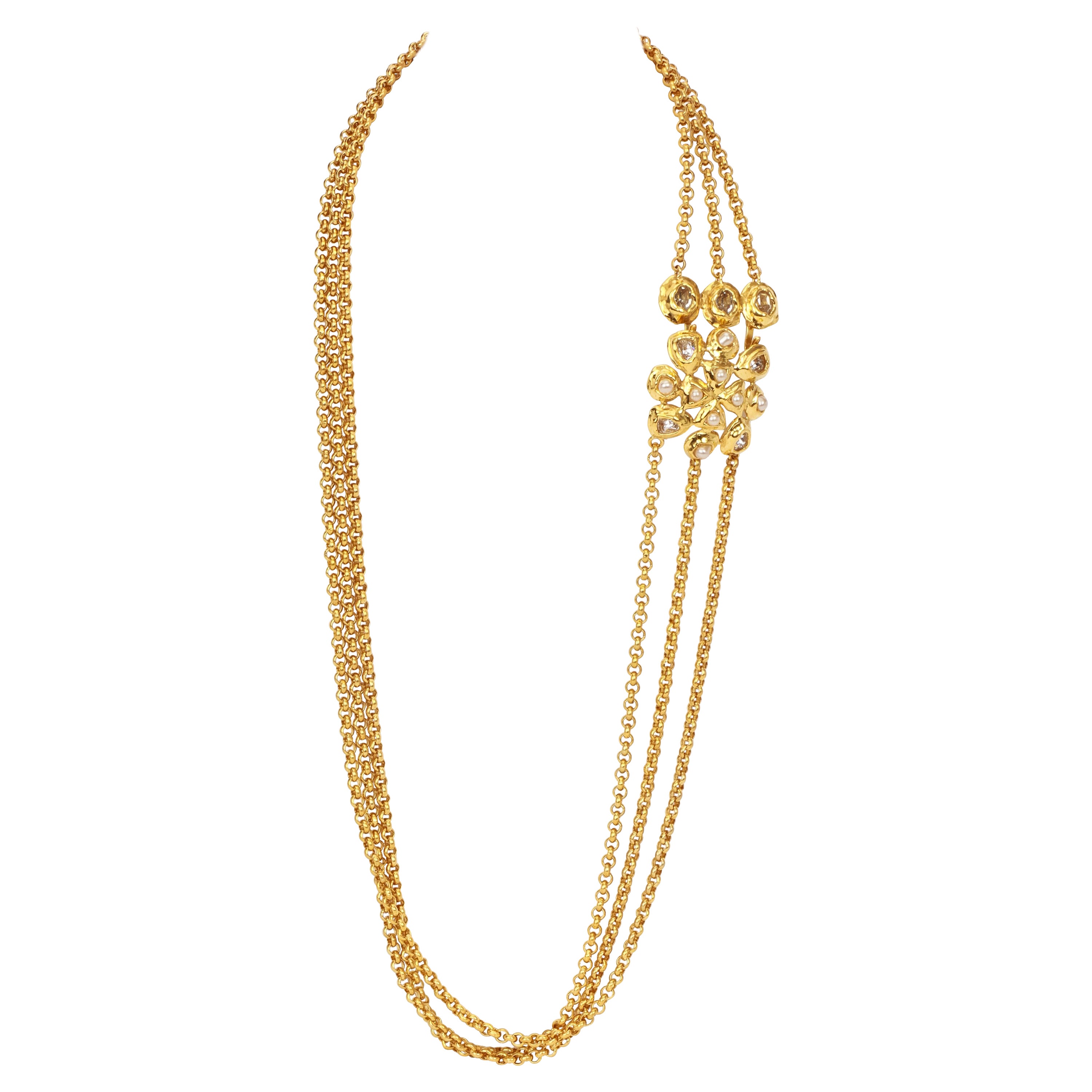 1980's Vintage Chanel Gold Chain Necklace with Stones Pearls For Sale