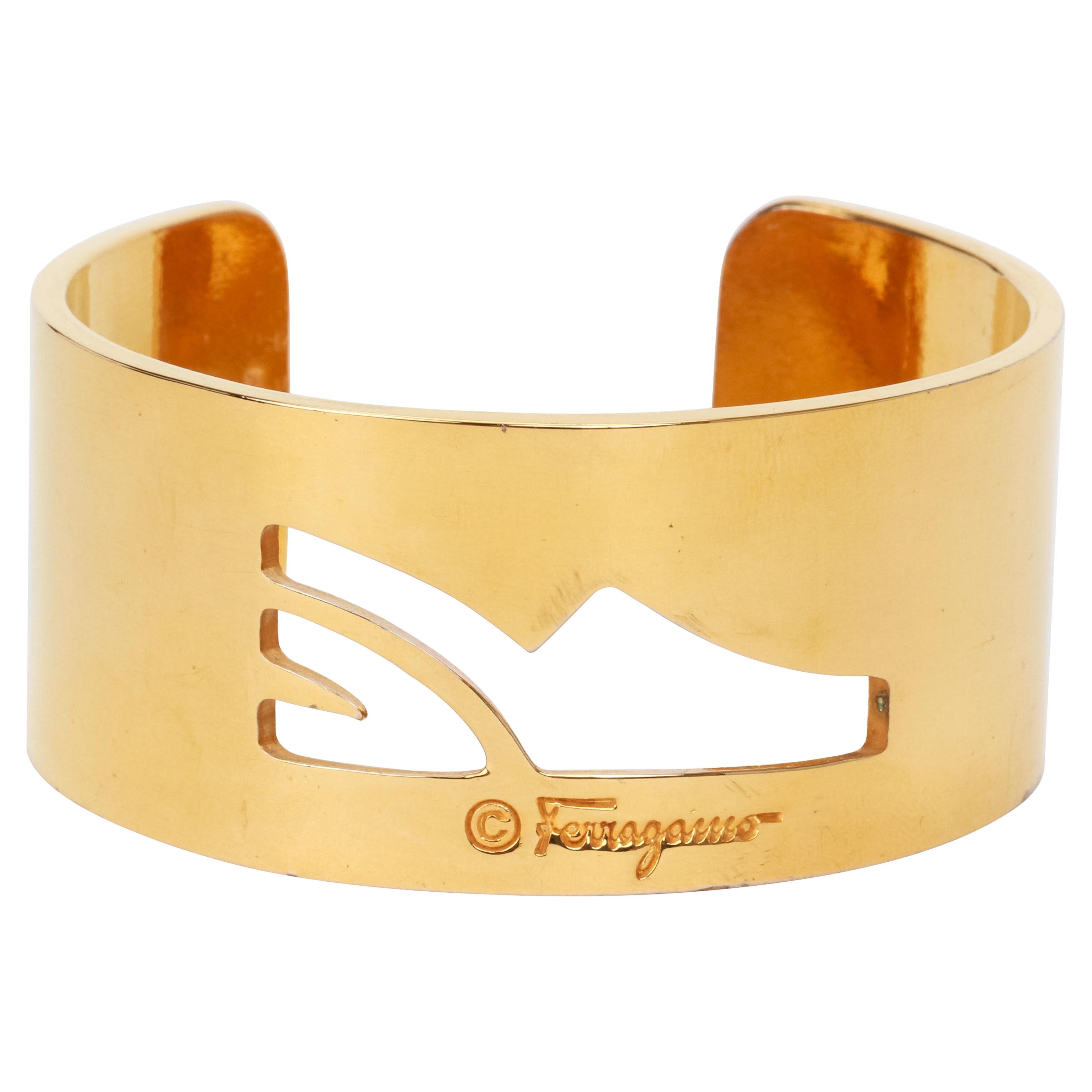 Vintage 1980's Ferragamo Gold Tone Cuff Bracelet Signed For Sale