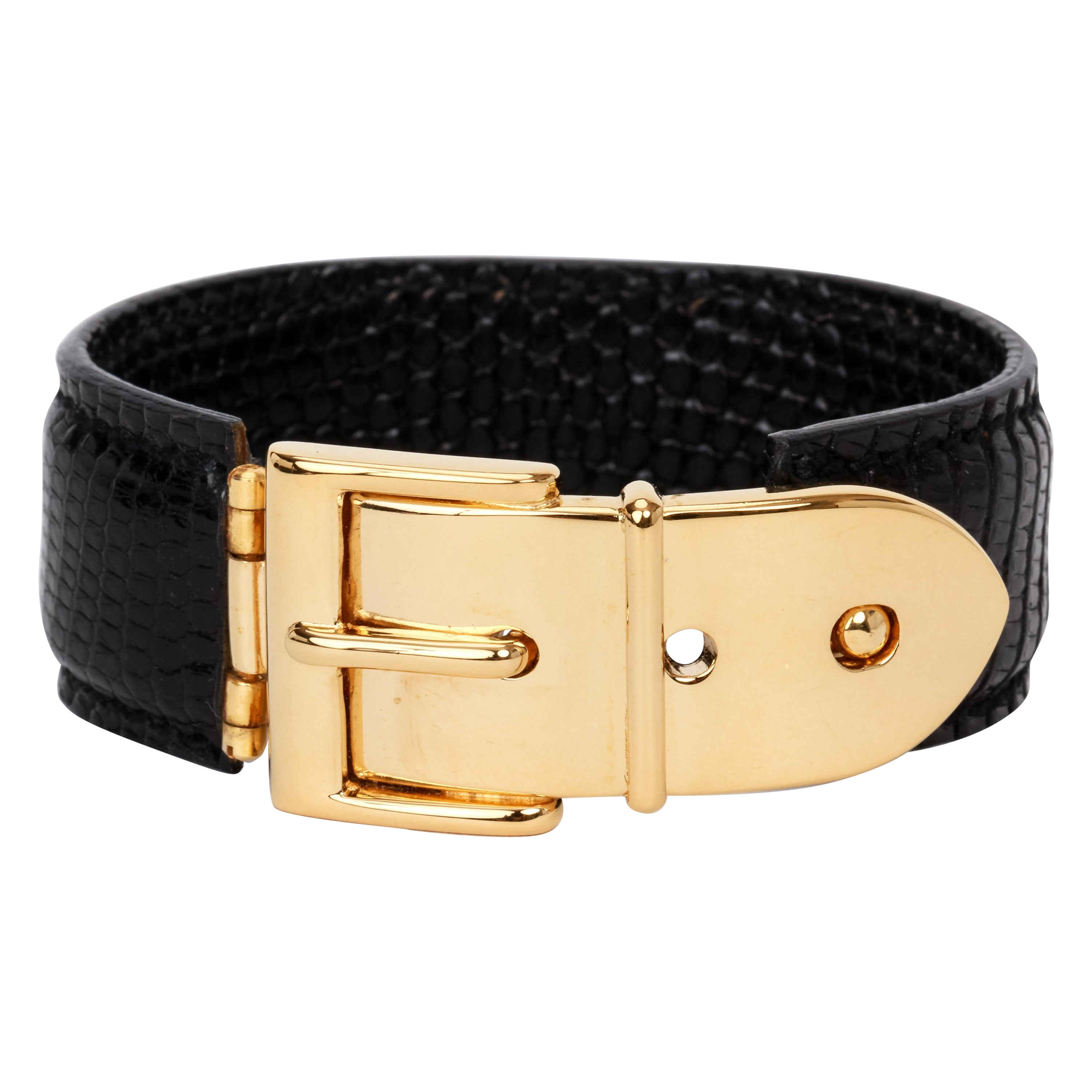 Vintage 1990's Gucci Black Lizard Leather Gold Buckle Bracelet