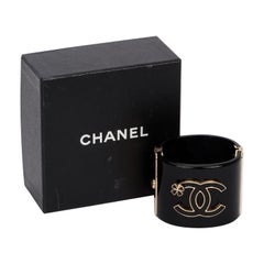 Chanel Black Lucite Hinged Oval CC Oval Cuff Bracelet with Box