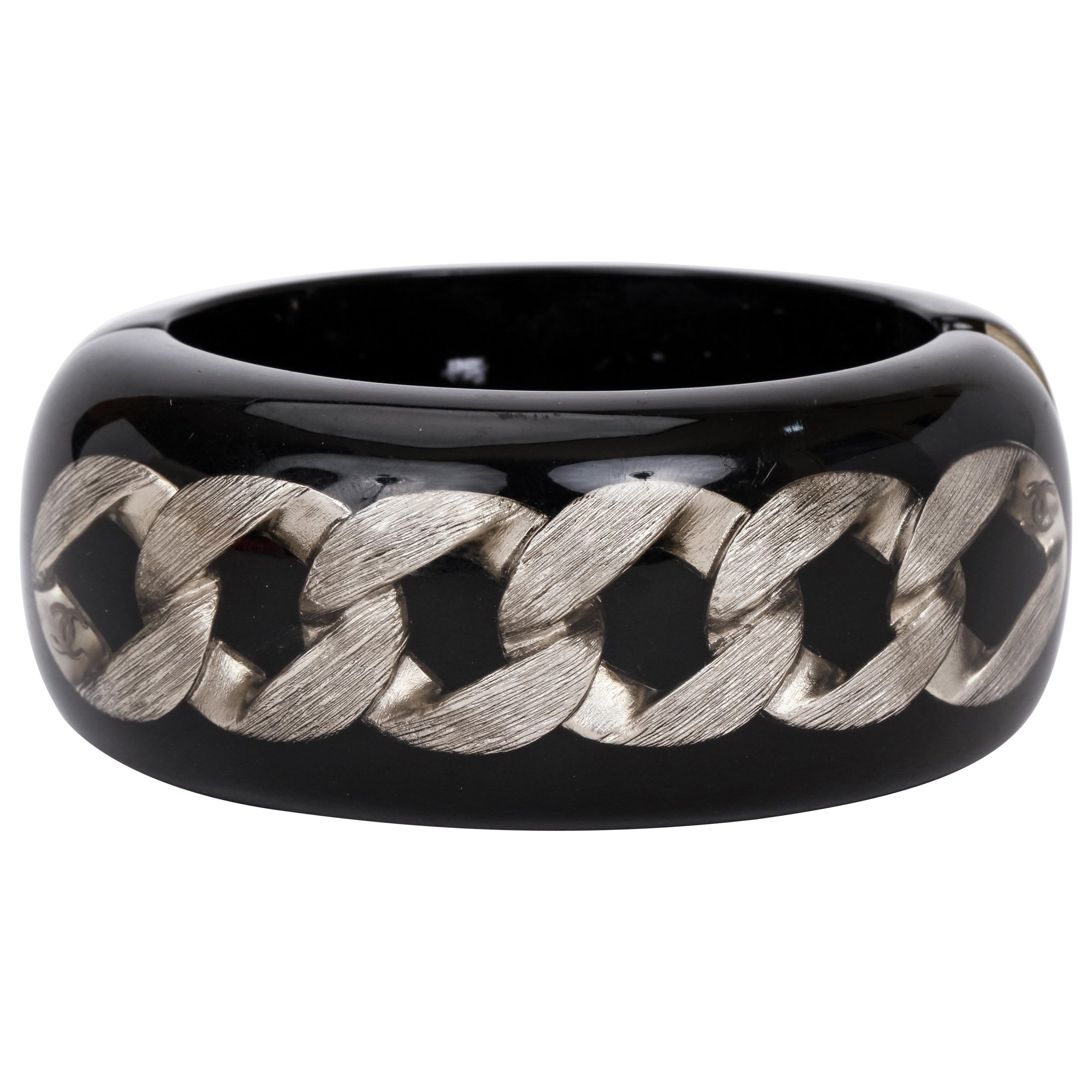Chanel Lucite Hinged Inlay Chain Cuff Bracelet