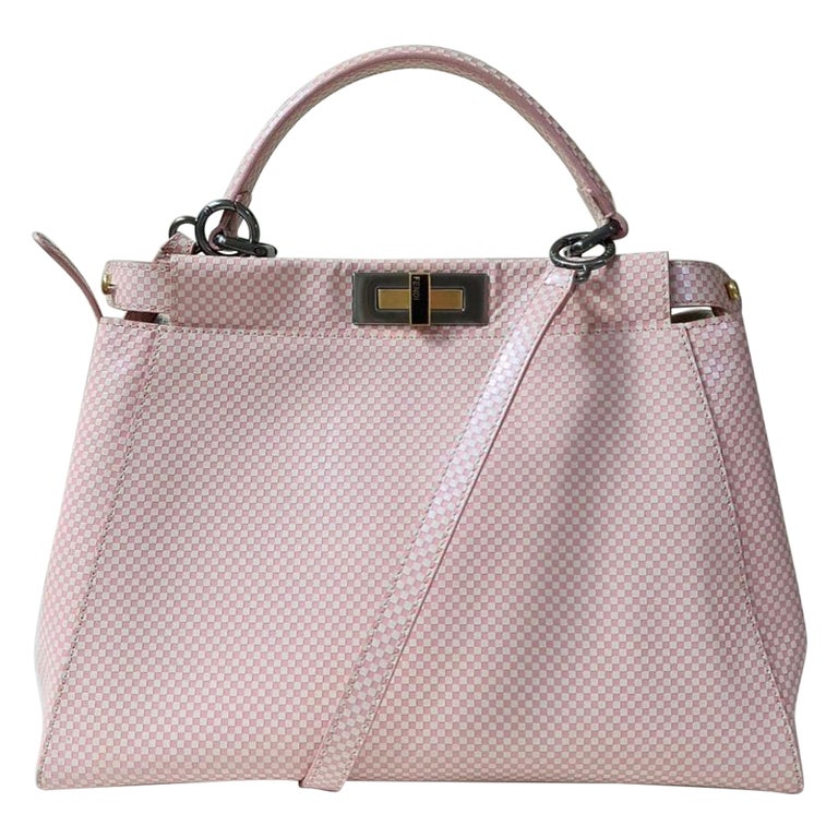 Fendi Pink/White Checkered Leather Sequin Lining Medium Peekaboo Top ...