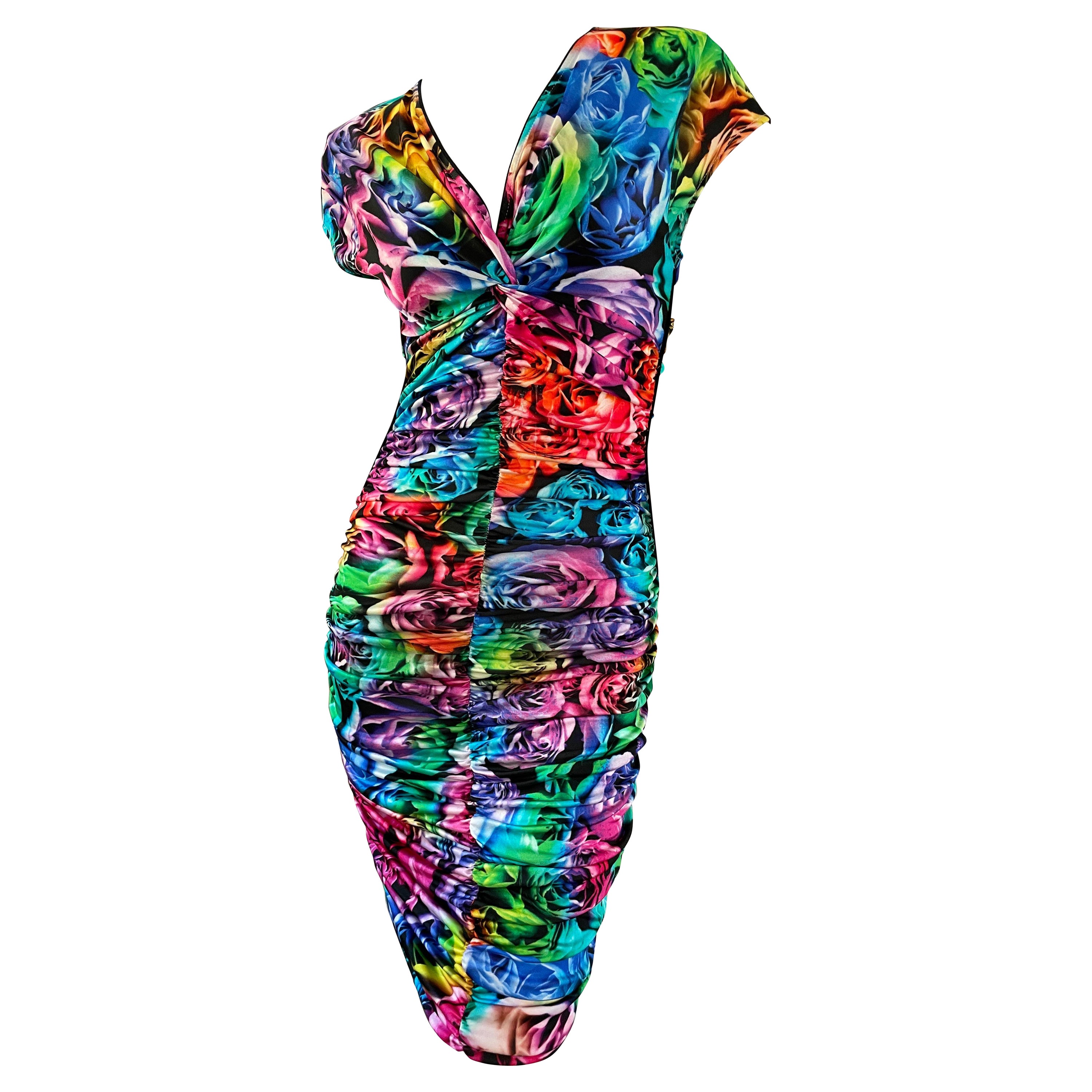 Just Cavalli Neon Floral Pattern Ruched Cocktail Dress by Roberto Cavalli  For Sale