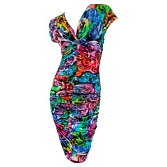 Just Cavalli Neon Floral Pattern Ruched Cocktail Dress by Roberto Cavalli 