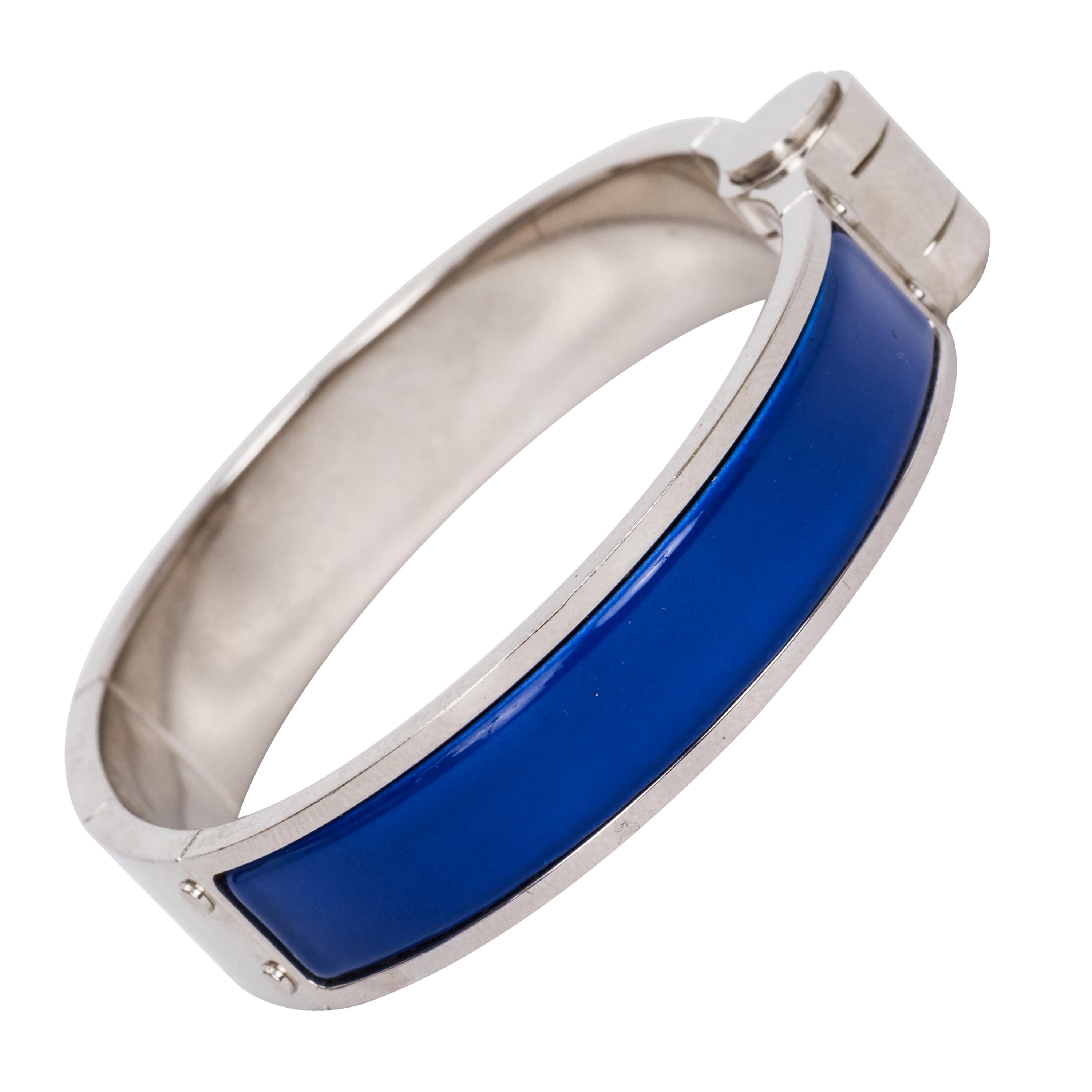 Hermes Blue Enamel Hinge Silver Bangle Bracelet