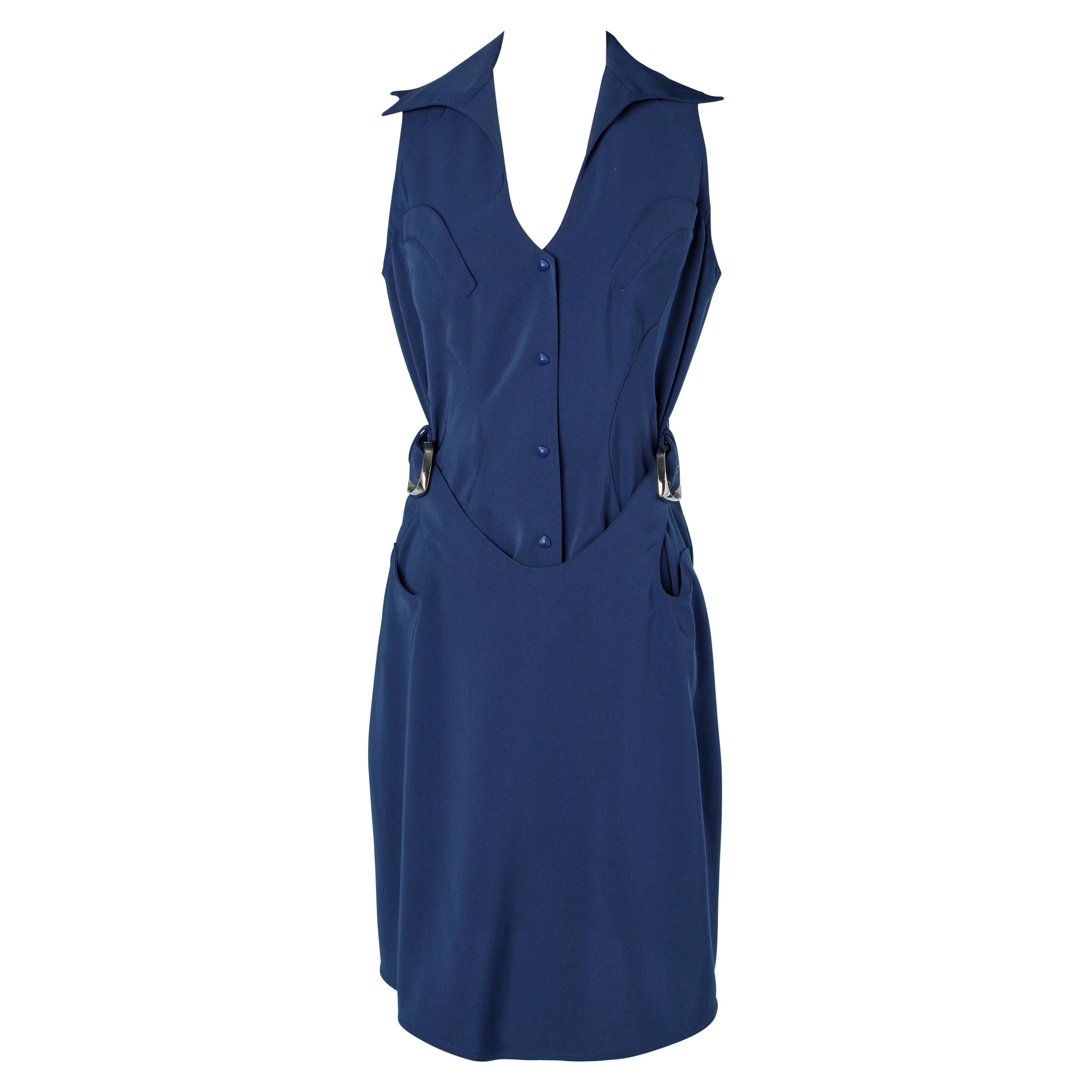 Blue wrap dress with metal buckles Thierry Mugler 