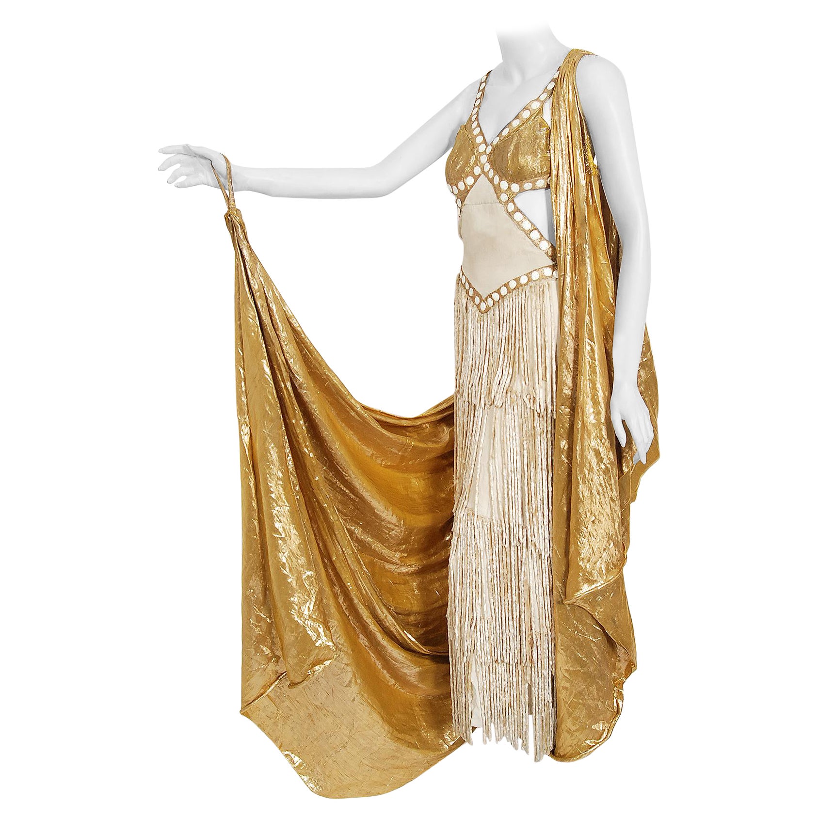 Vintage 1930's Metallic Gold Lamé Cut-Out Chenille Fringe Stage Costume Gown